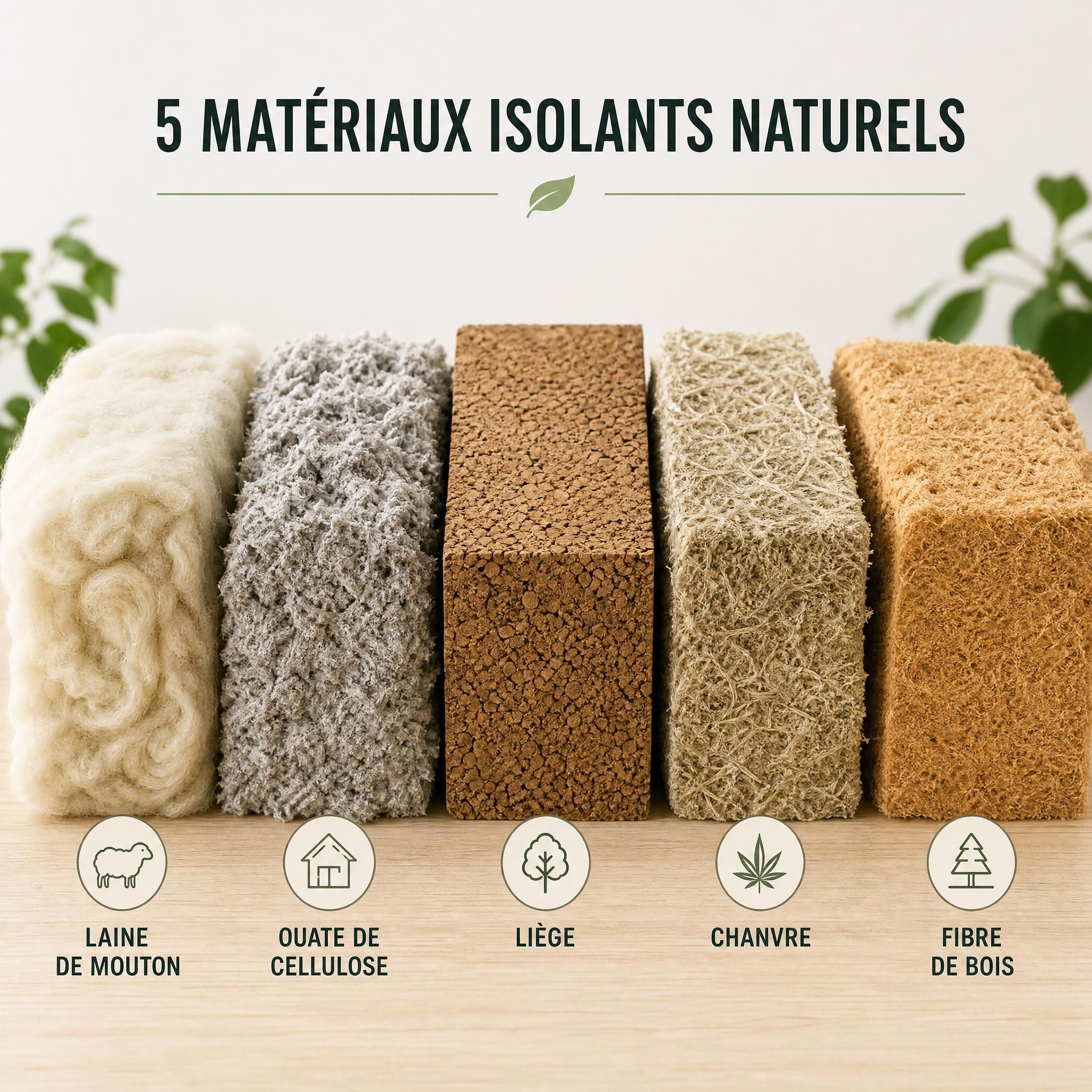Échantillons des 5 matériaux isolants naturels : laine de mouton, ouate de cellulose, liège, chanvre et fibre de bois disposés côte à côte