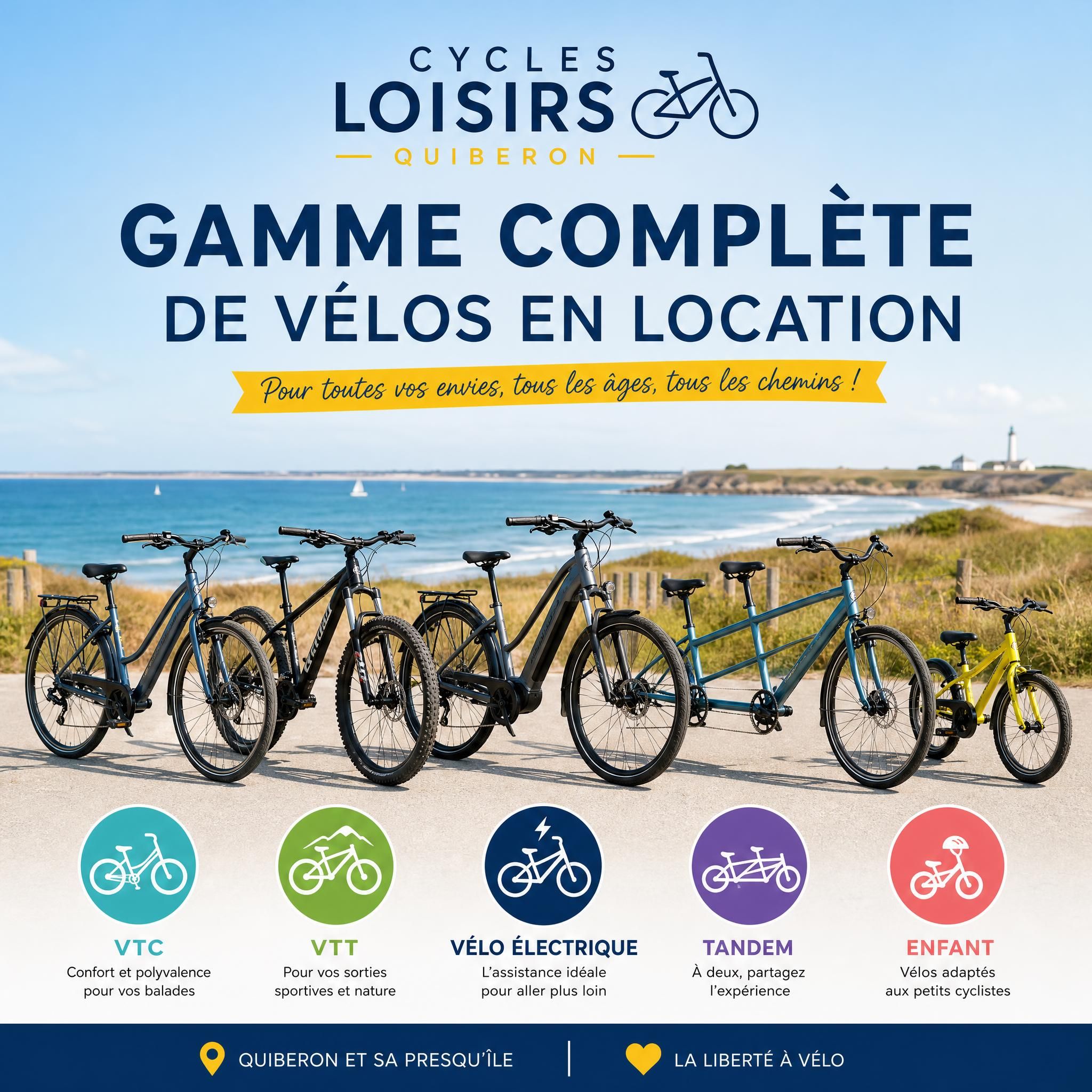 Gamme complète de vélos en location chez Cycles Loisirs Quiberon, VTC VTT vélo électrique tandem enfant