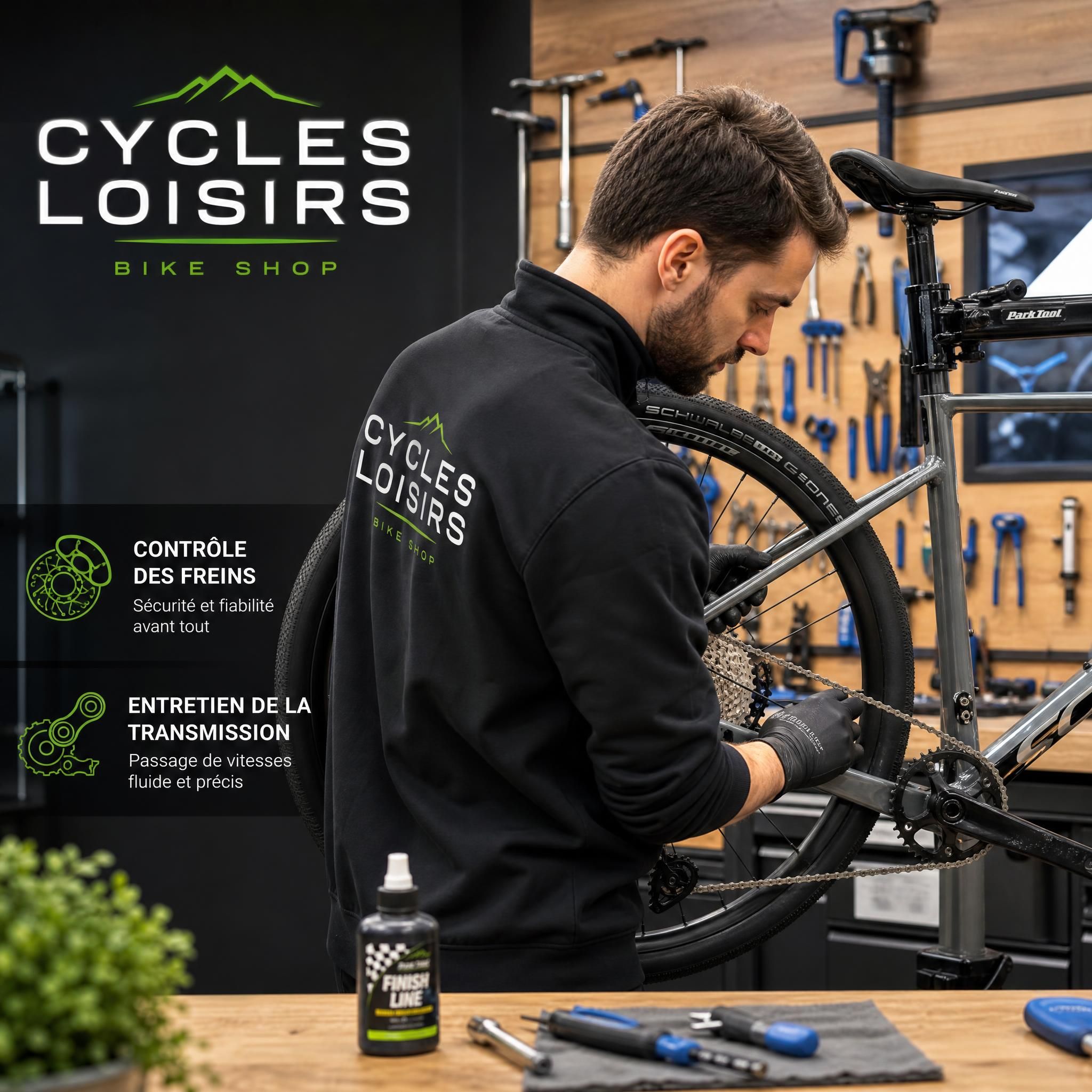 Mécanicien atelier Cycles Loisirs réalisant un entretien vélo, contrôle freins et transmission