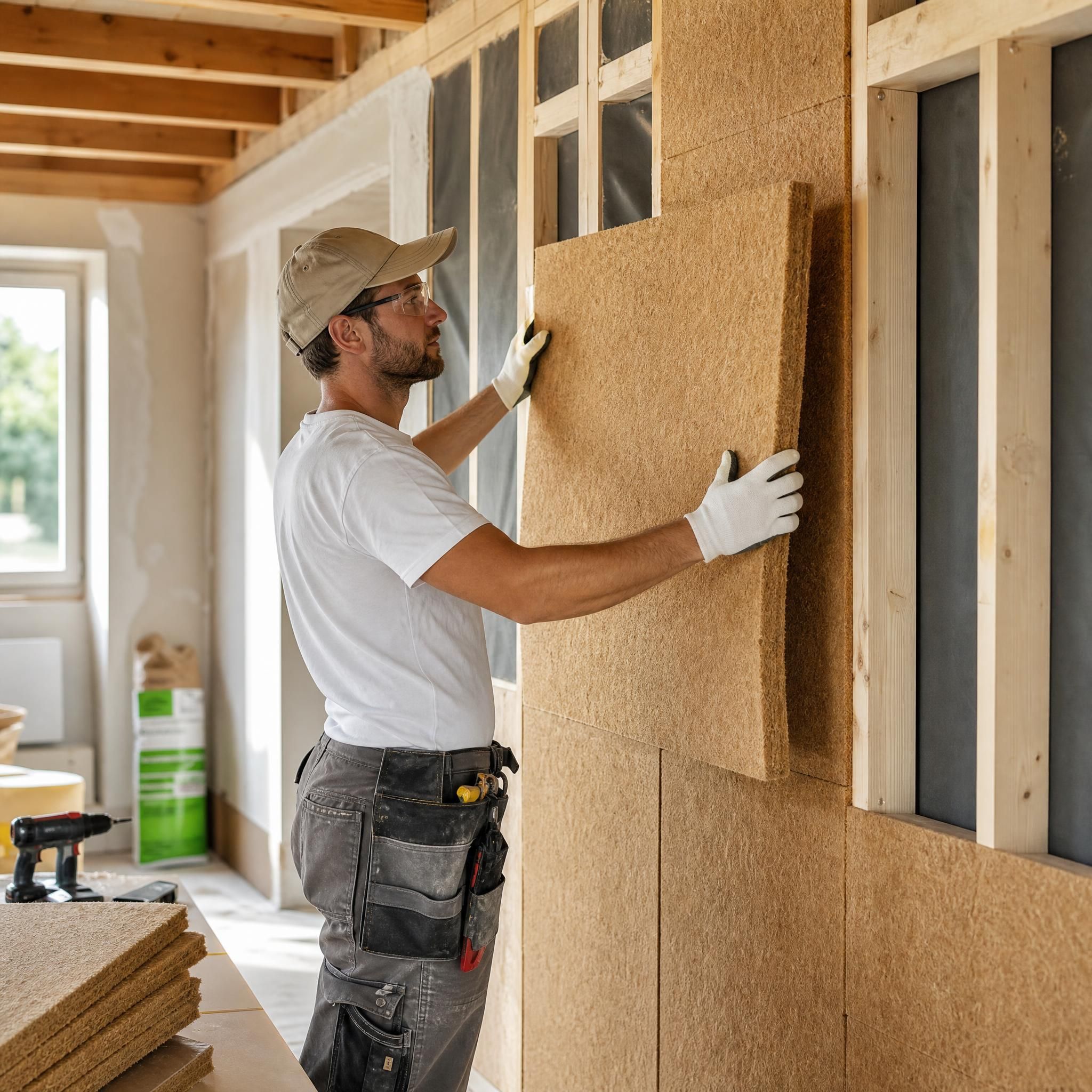 Artisan posant des panneaux de fibre de bois dans une maison en rénovation, gestes professionnels, équipements de sécurité