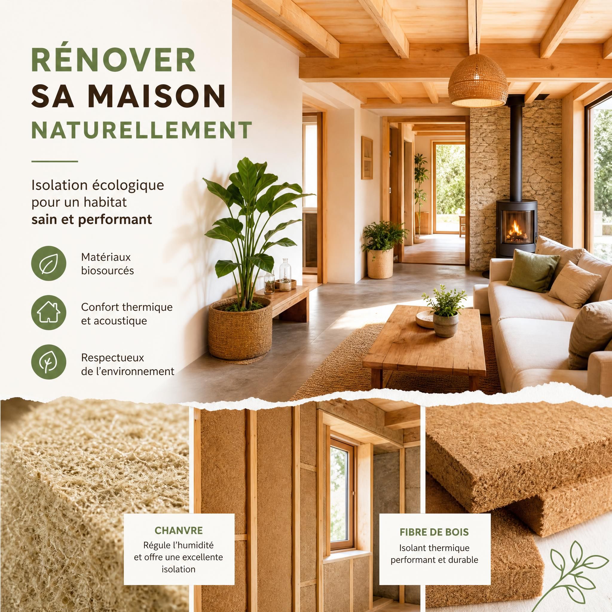 Maison rénovée avec isolation écologique biosourcée, murs en chanvre et fibre de bois, ambiance chaleureuse et naturelle