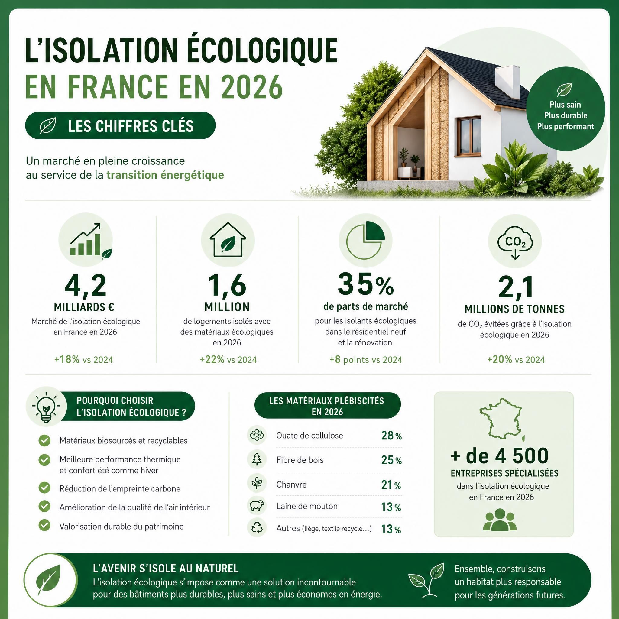 Infographie moderne sur les chiffres clés de l'isolation écologique en France en 2026, fond vert et blanc