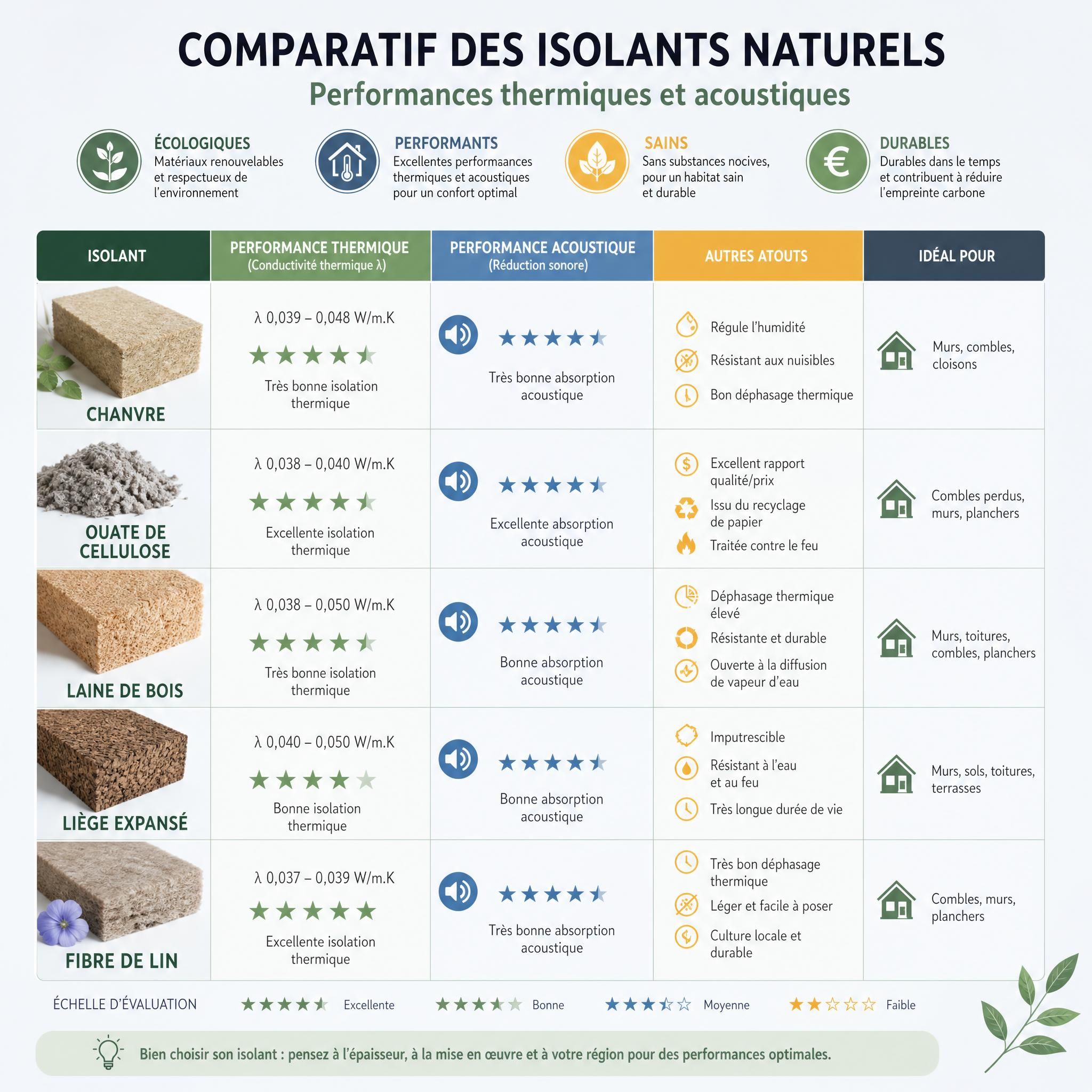 Tableau comparatif visuel des isolants naturels avec leurs performances thermiques et acoustiques, infographie moderne