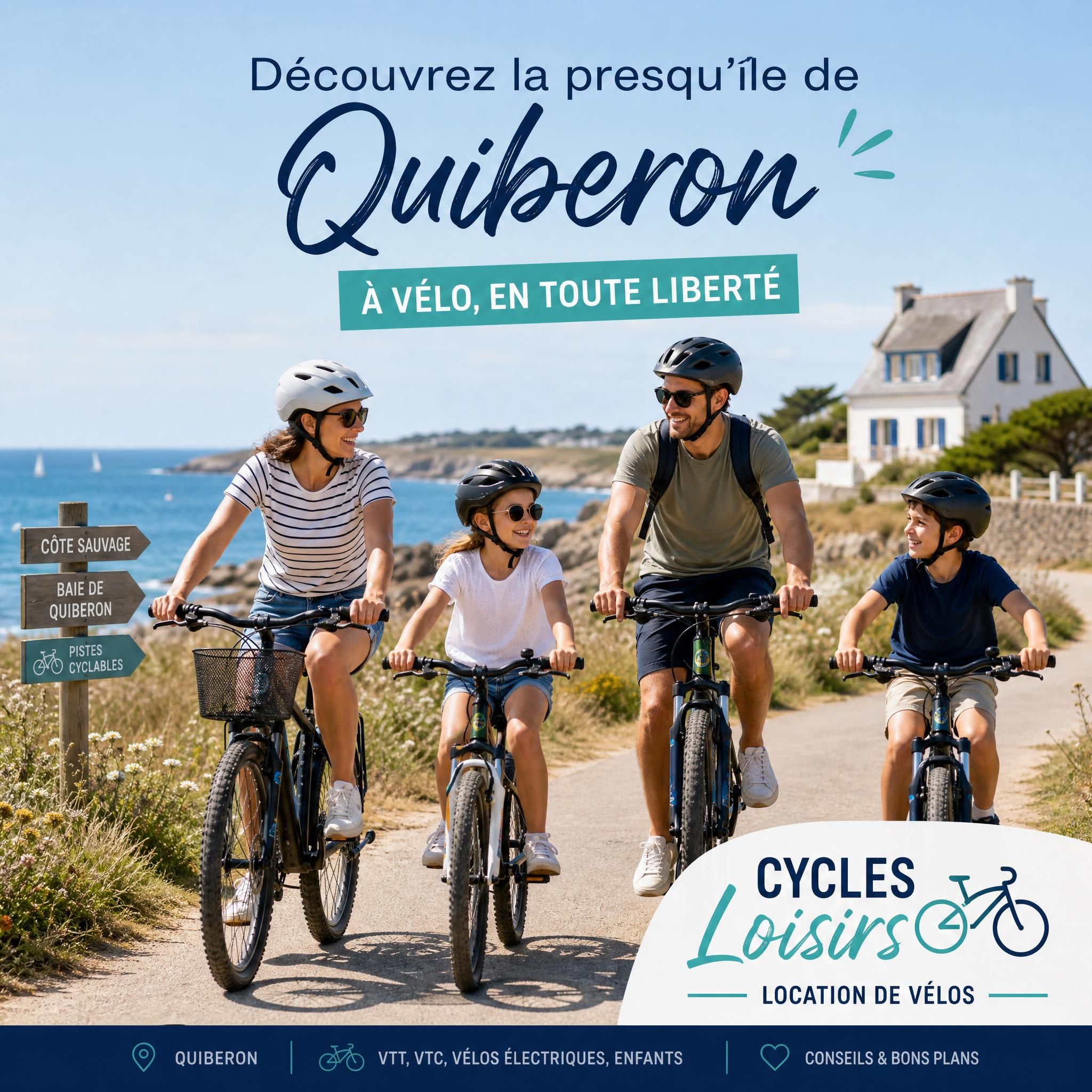 Famille souriante en balade à vélo sur la presqu'île de Quiberon, location vélo Cycles Loisirs