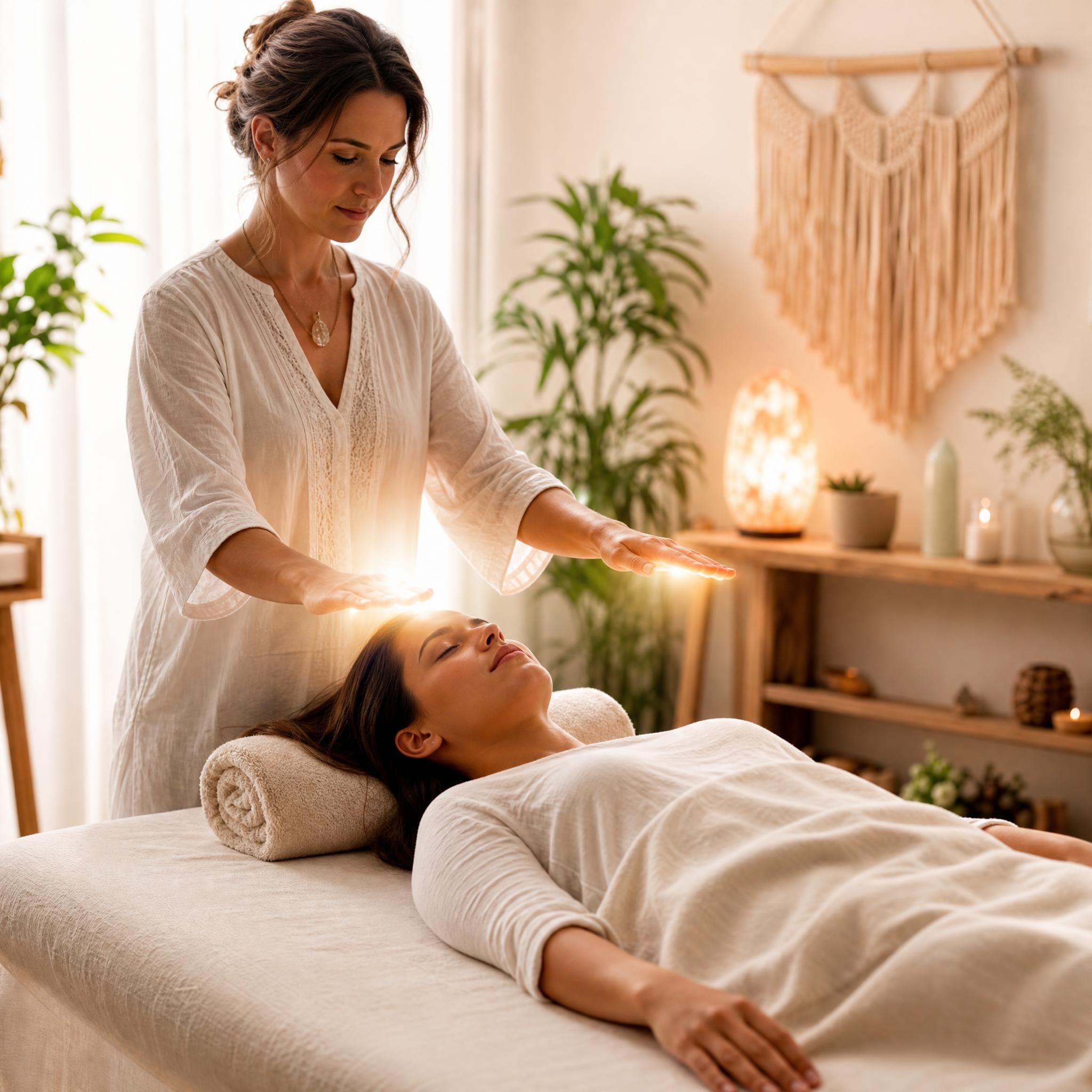 Personne allongée en position de relaxation lors d'une séance de soin énergétique, lumière douce et chaleureuse