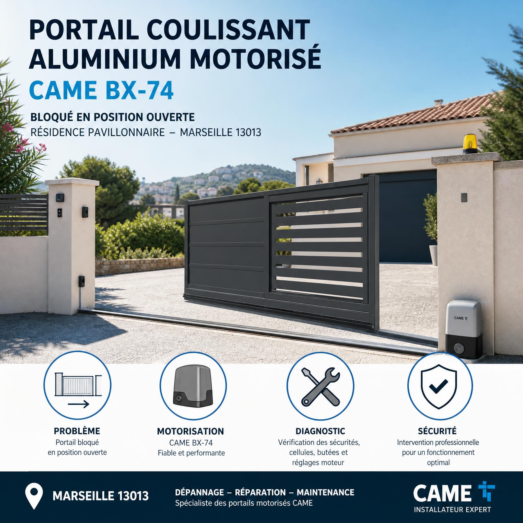 Portail coulissant aluminium motorisé CAME BX-74 bloqué en position ouverte, résidence pavillonnaire Marseille 13013