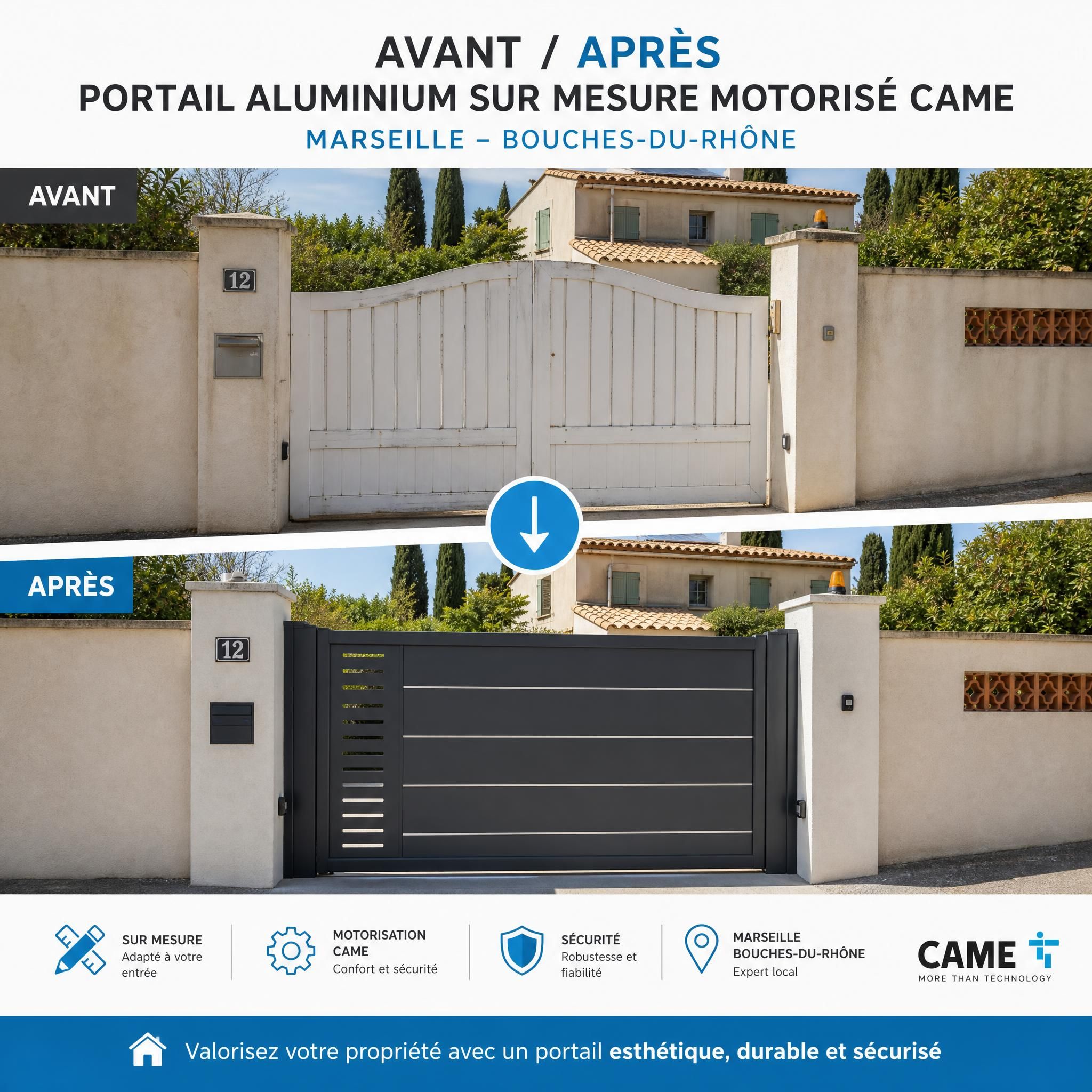 Comparaison avant-après portail aluminium sur mesure motorisé CAME à Marseille, résidence pavillonnaire Bouches-du-Rhône