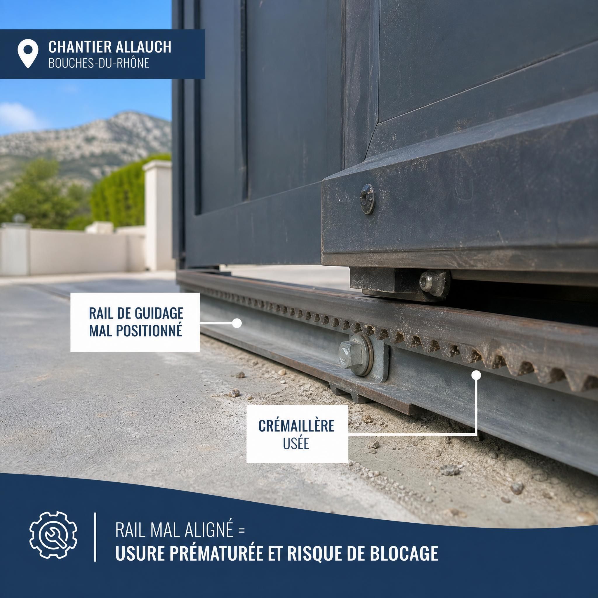 Détail d'un rail de guidage mal positionné sur un portail coulissant, avec crémaillère usée, chantier Allauch Bouches-du-Rhône