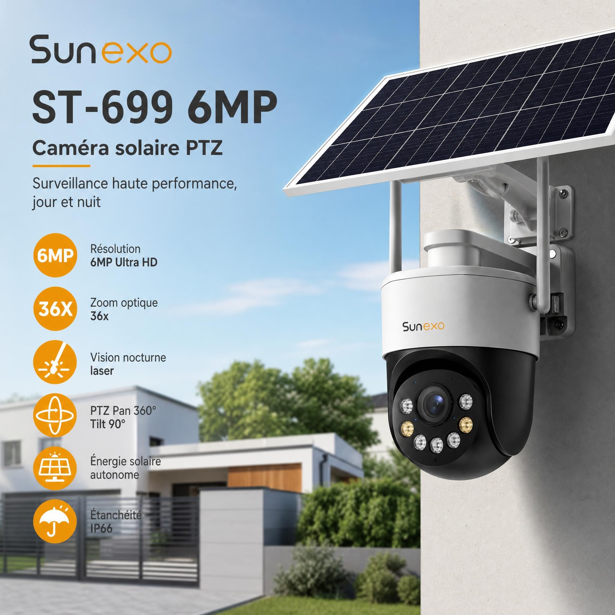 Caméra solaire PTZ Sunexo ST-699 6MP avec zoom 36x et vision nocturne laser, installée en extérieur sur façade