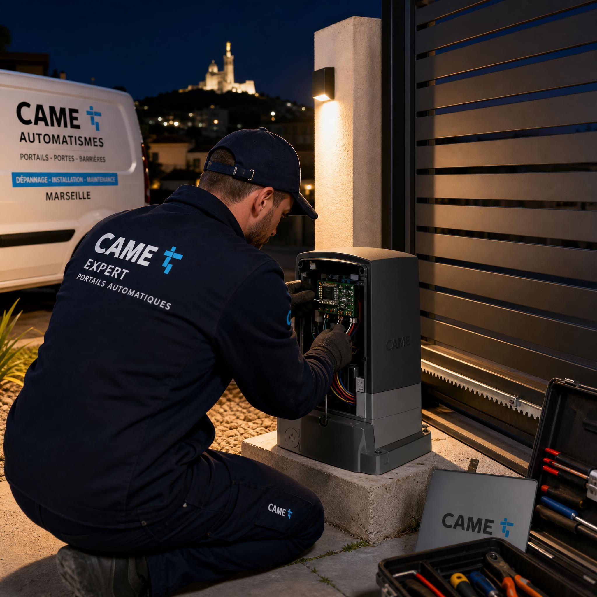 Technicien en train de réparer un moteur de portail CAME coulissant à Marseille, vue de nuit sur chantier résidentiel