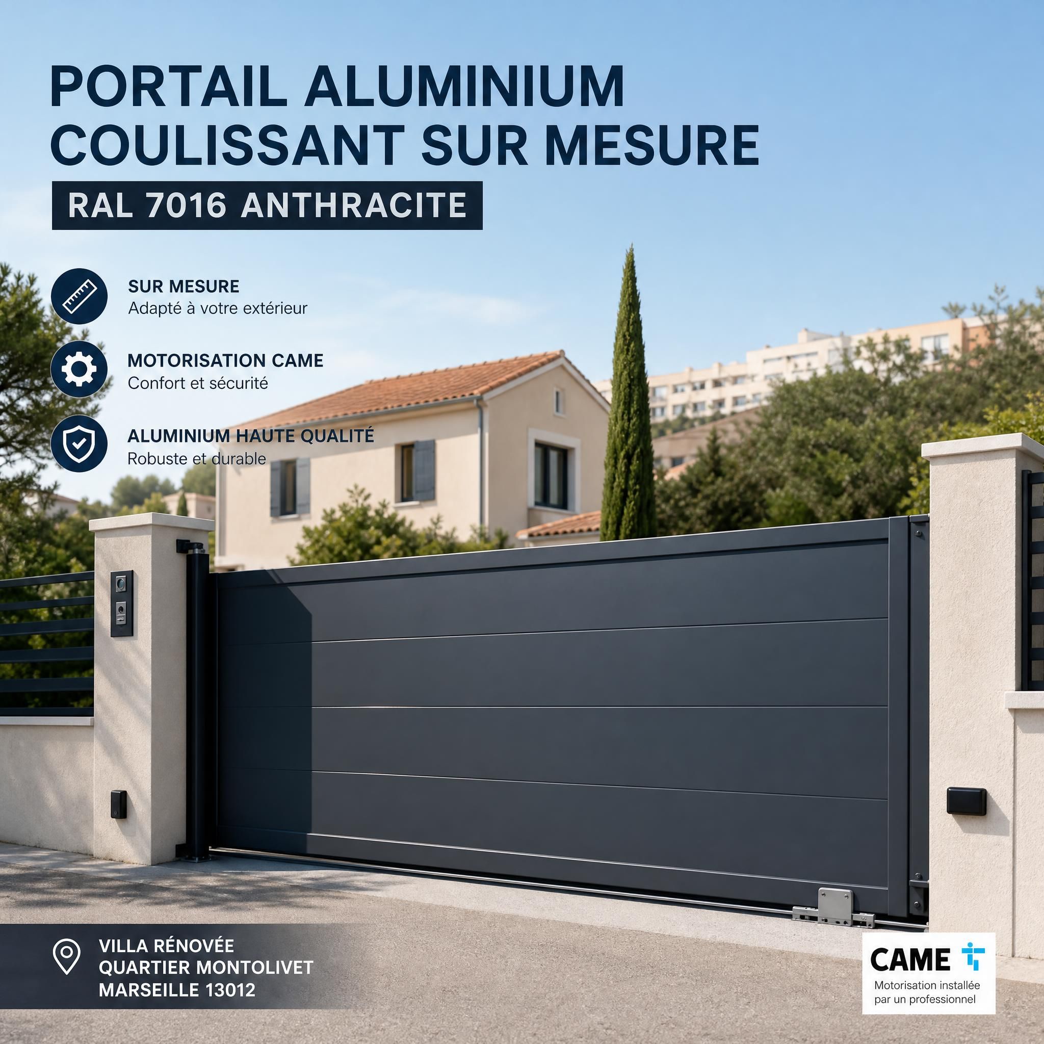 Portail aluminium coulissant sur mesure RAL 7016 anthracite avec motorisation CAME, villa rénovée quartier Montolivet Marseille 13012