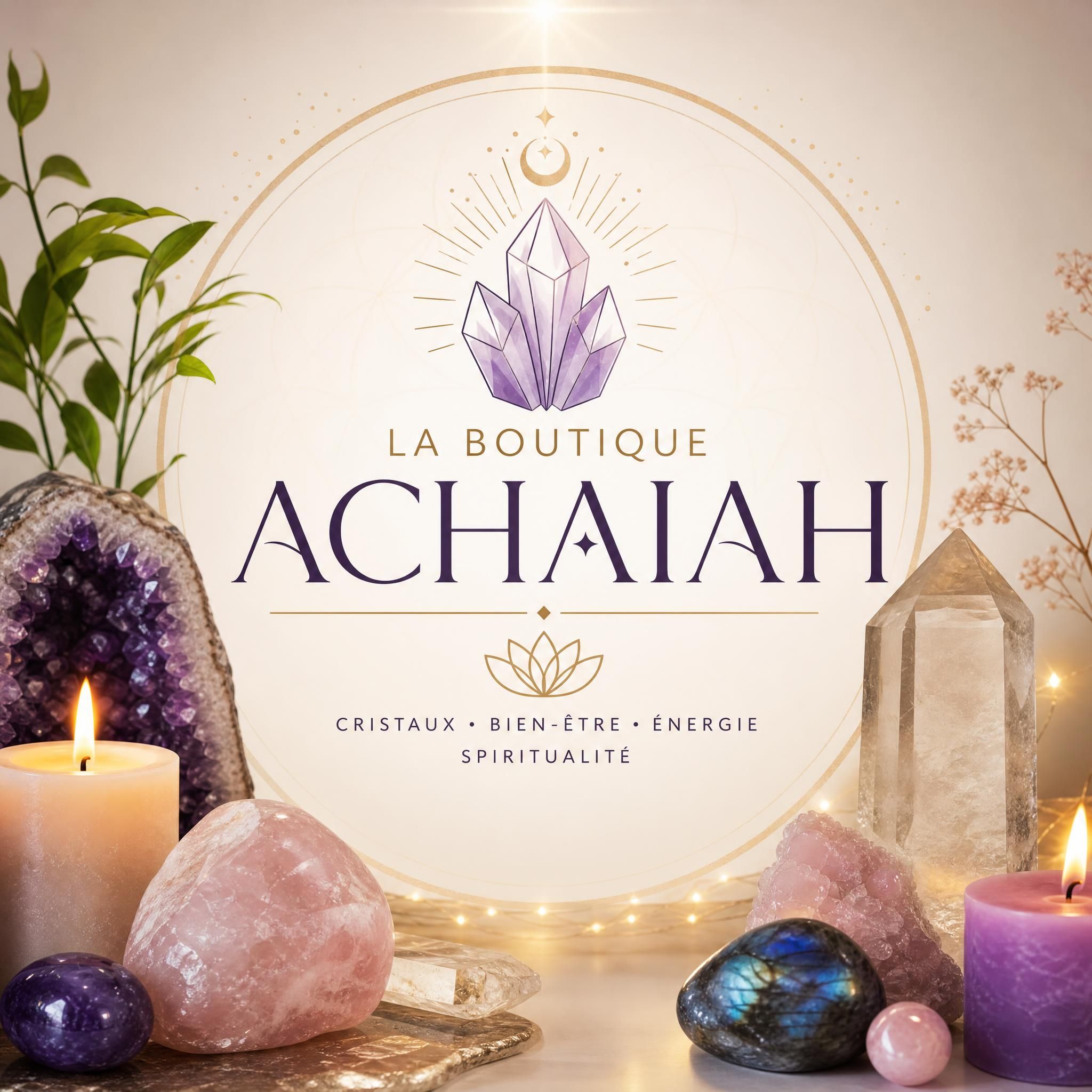 Logo ou visuel de la Boutique Achaiah avec ambiance spirituelle et énergétique, bougies et cristaux