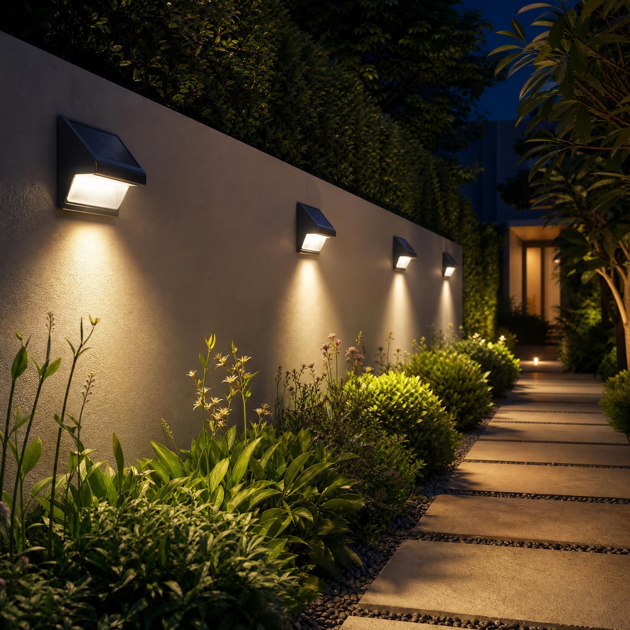 Chemin de jardin éclairé par appliques solaires LED murales, ambiance nocturne, haie et végétation