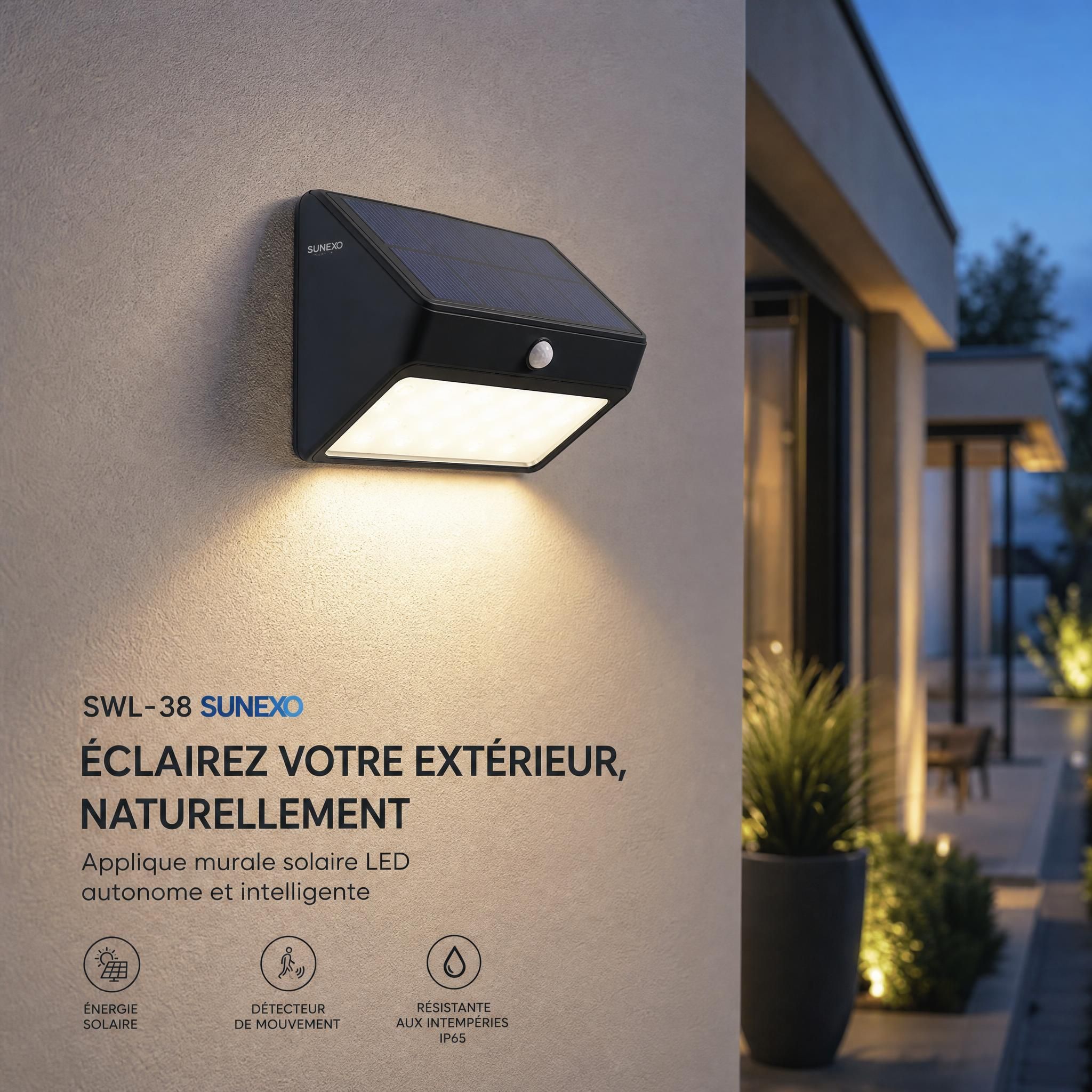 Applique murale solaire SWL-38 Sunexo fixée sur façade de maison, éclairage LED extérieur autonome