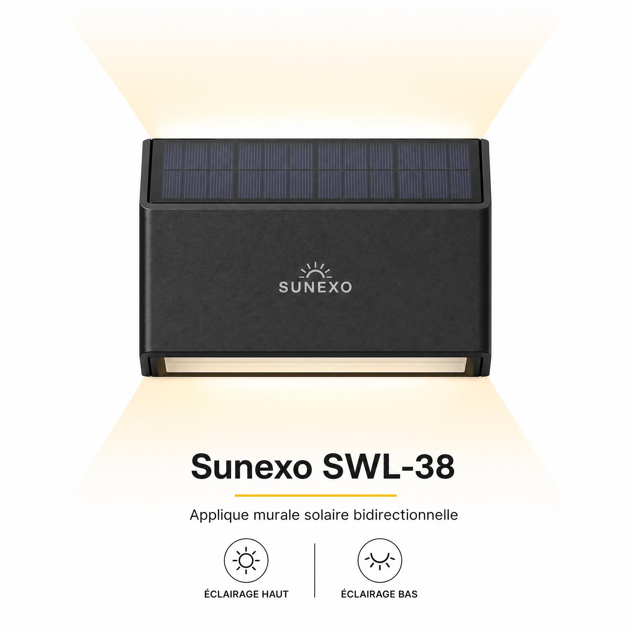 Applique murale solaire Sunexo SWL-38 vue de face, design bidirectionnel éclairage haut et bas, fond blanc produit