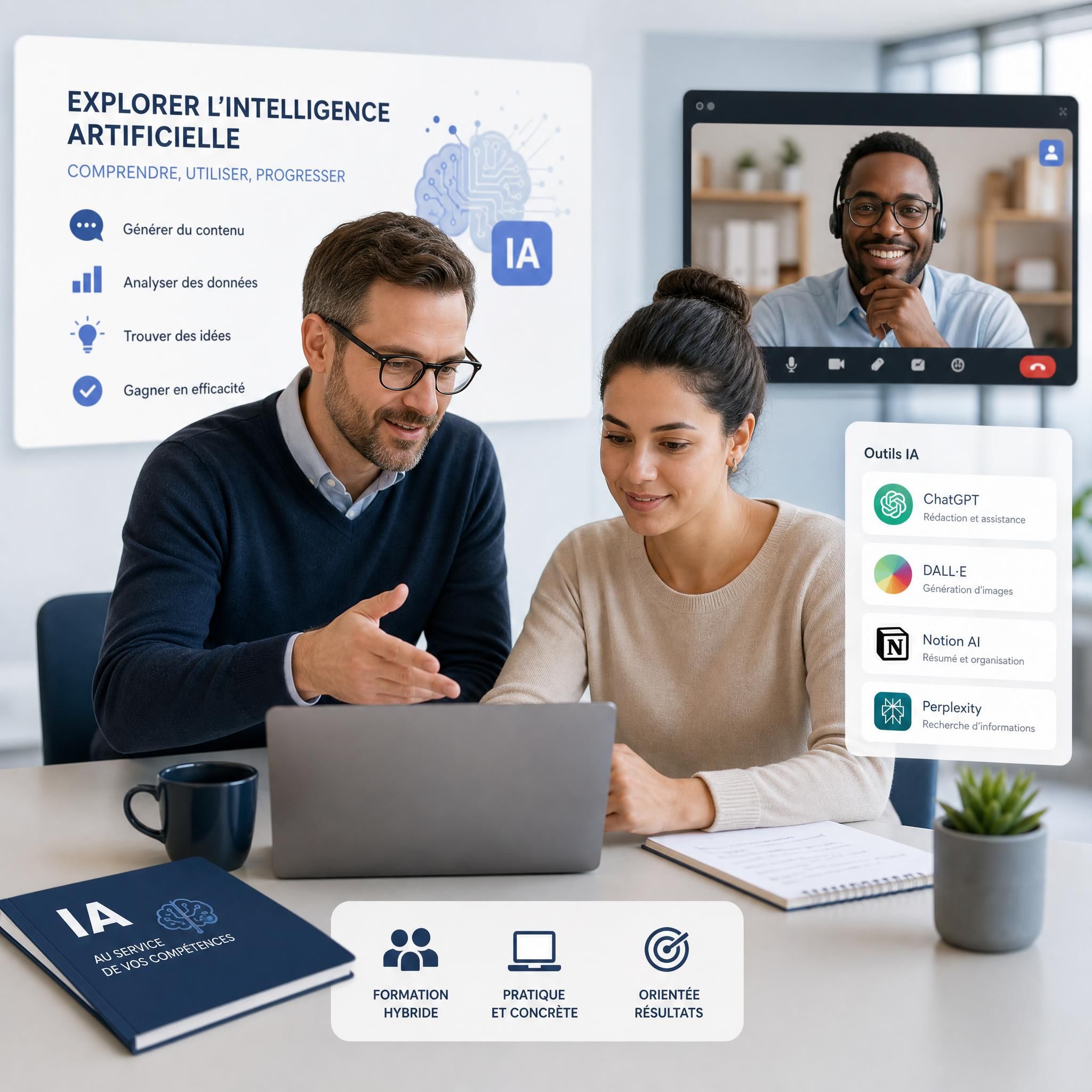 Formateur accompagnant un apprenant sur des outils d'intelligence artificielle en formation professionnelle hybride