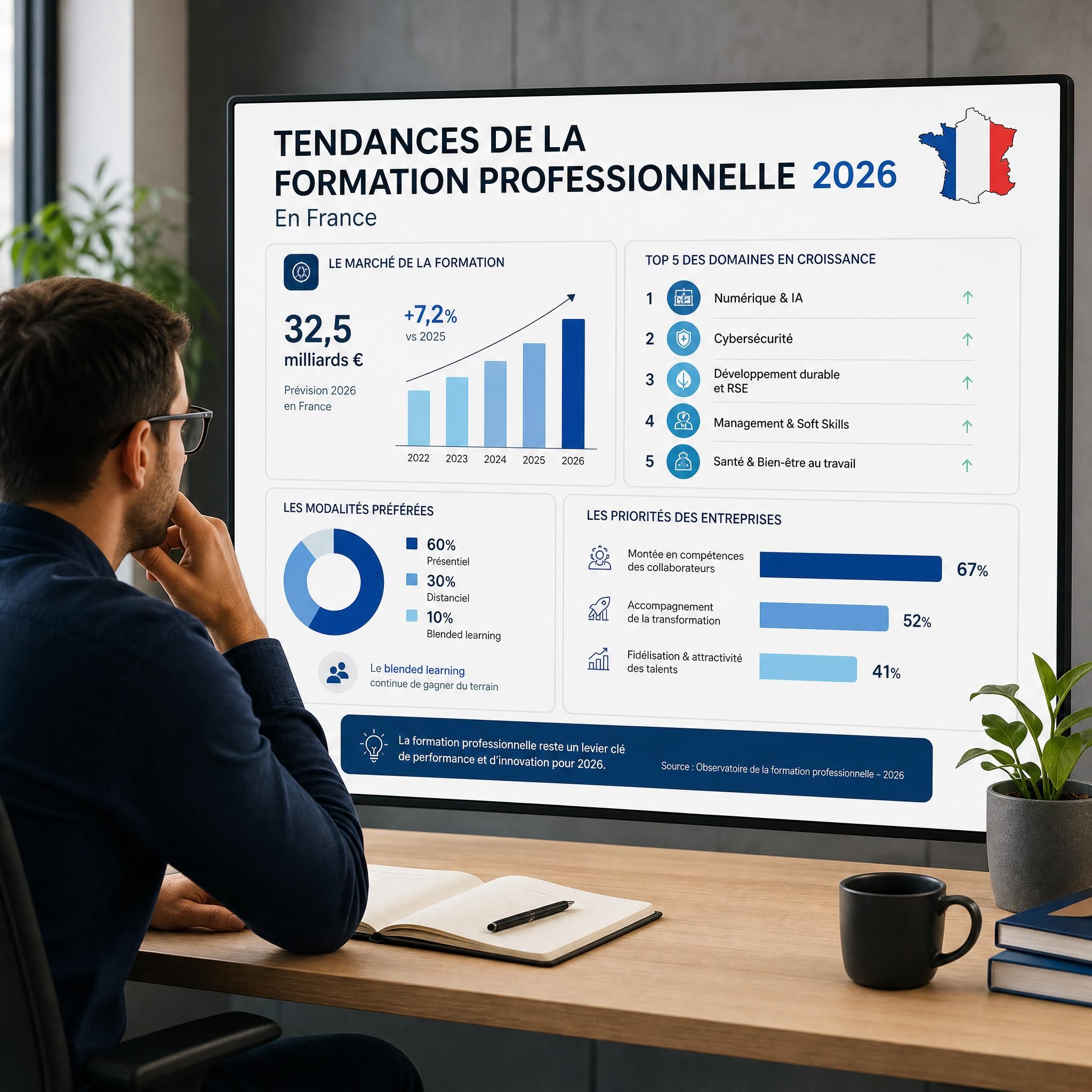 Professionnel en formation numérique devant un écran avec graphiques de tendances formation professionnelle 2026 France