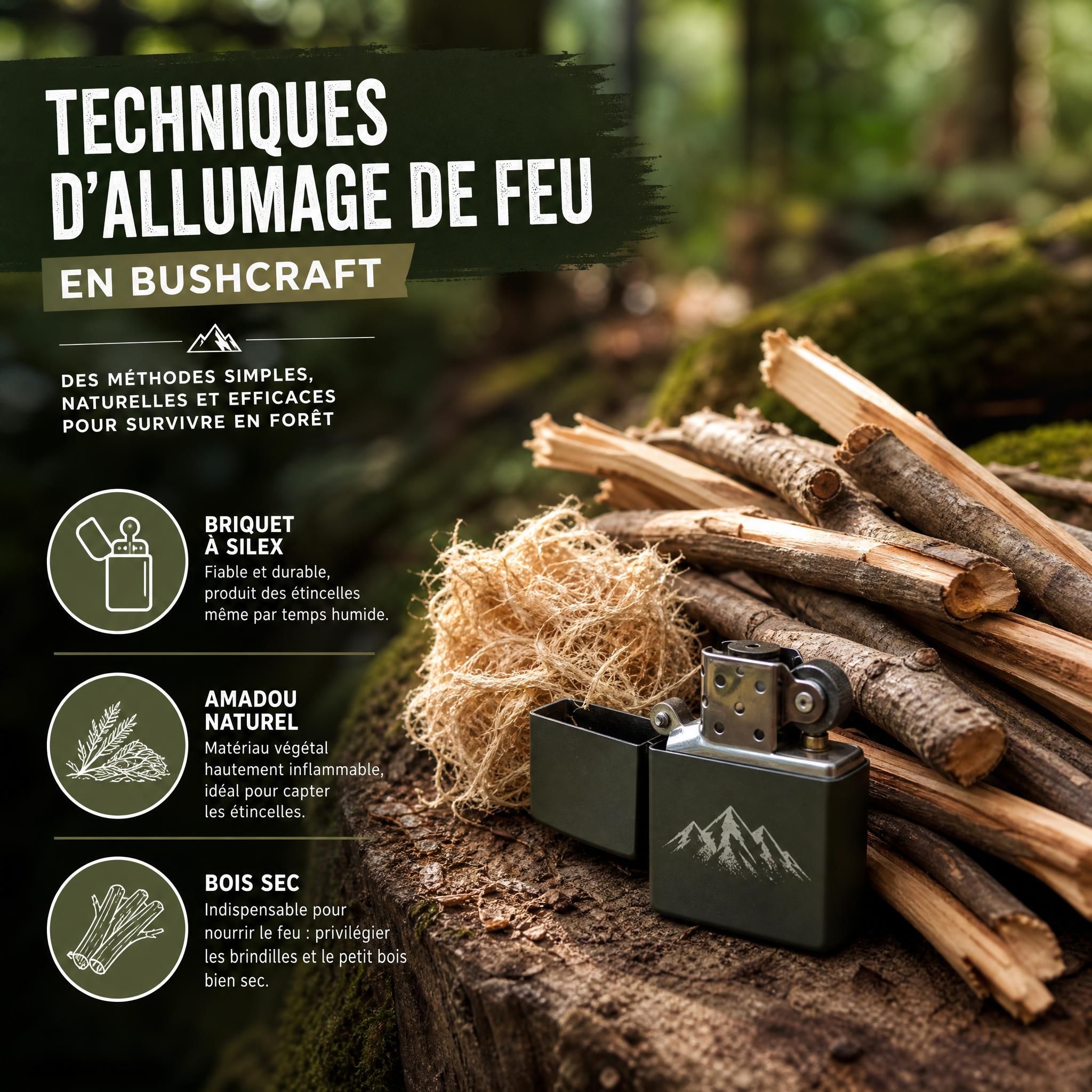 Techniques d'allumage de feu en bushcraft – briquet à silex, amadou naturel et bois sec en forêt