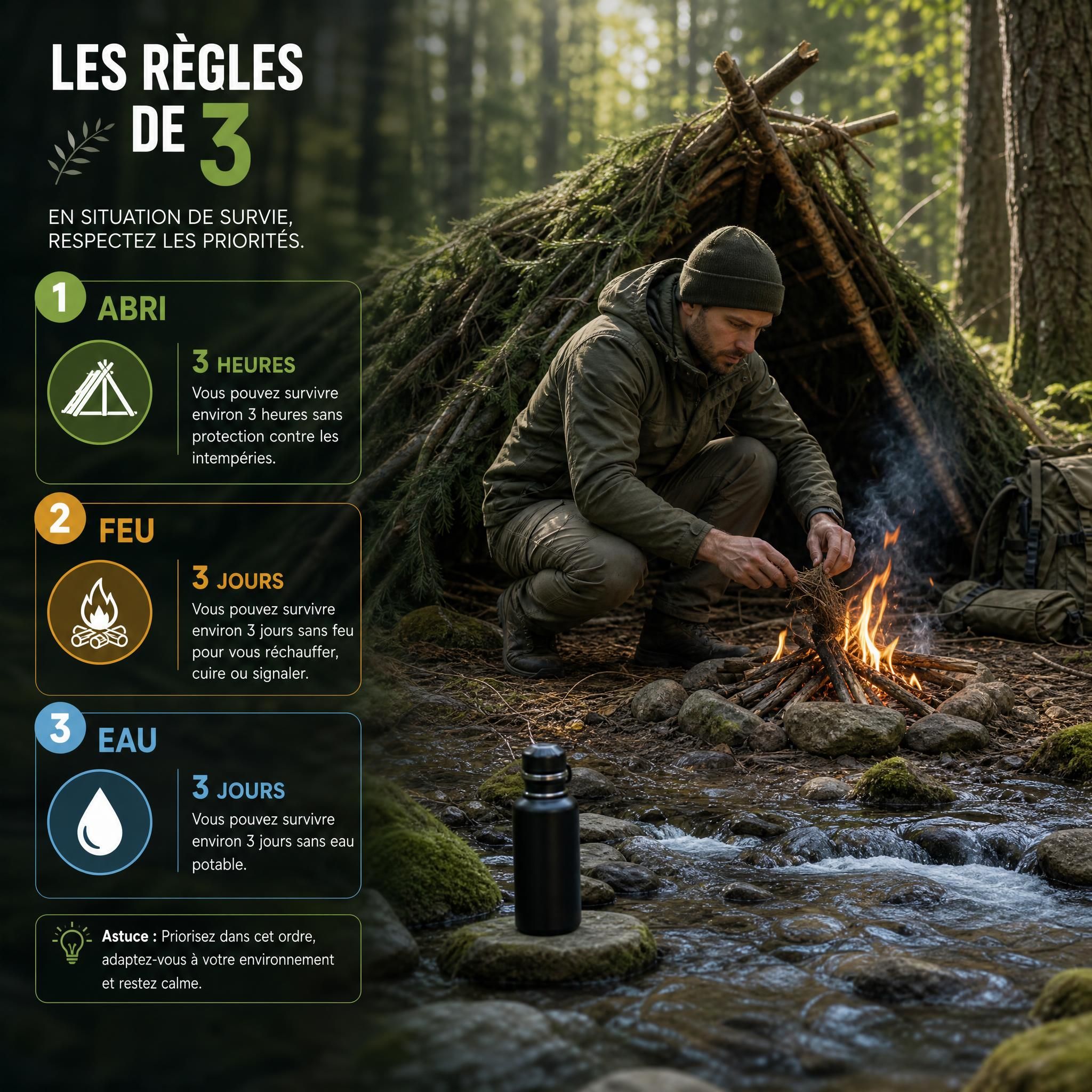 Survivant en forêt appliquant les règles de 3 en situation de bushcraft – abri naturel, feu de camp et eau