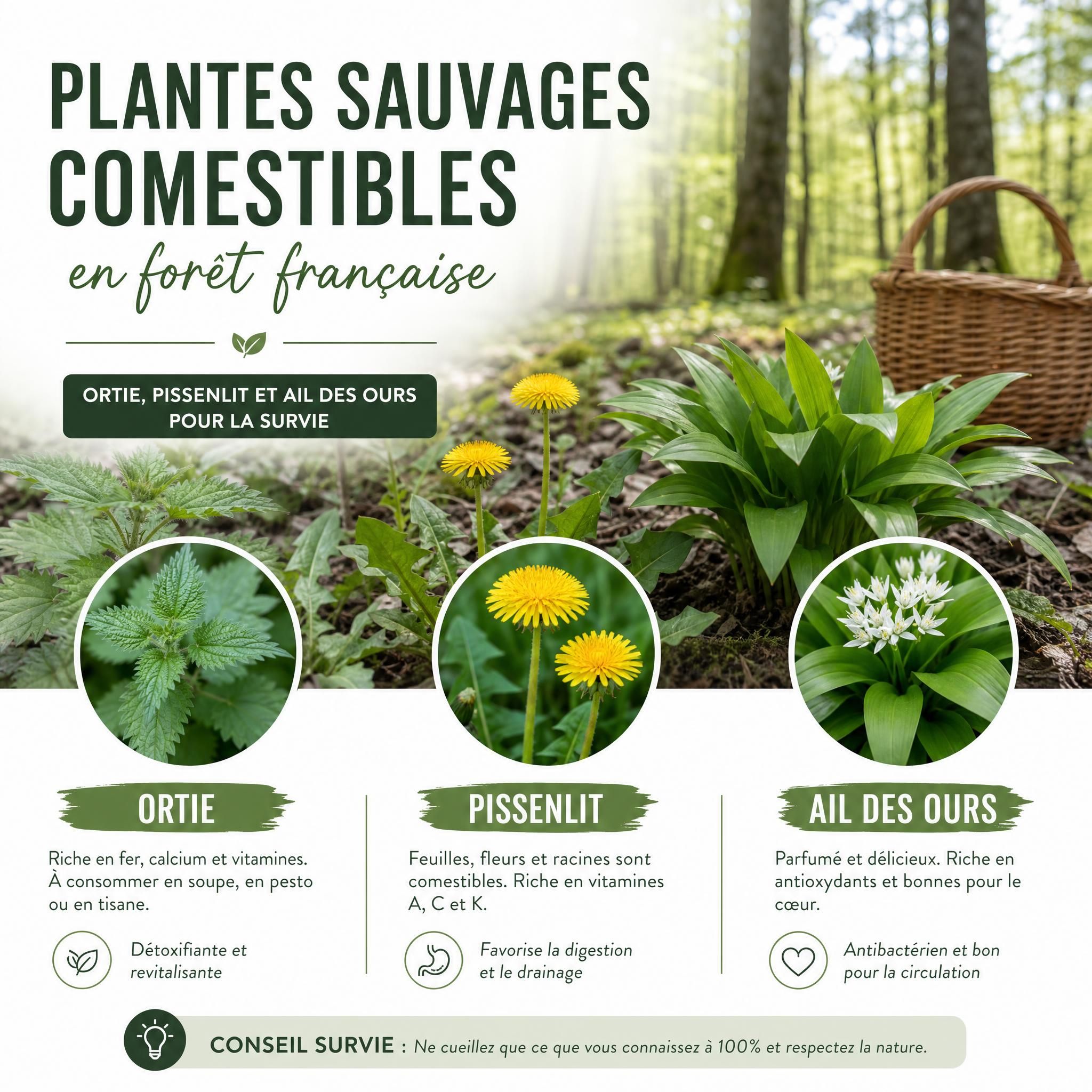 Plantes sauvages comestibles en forêt française – ortie, pissenlit et ail des ours pour la survie