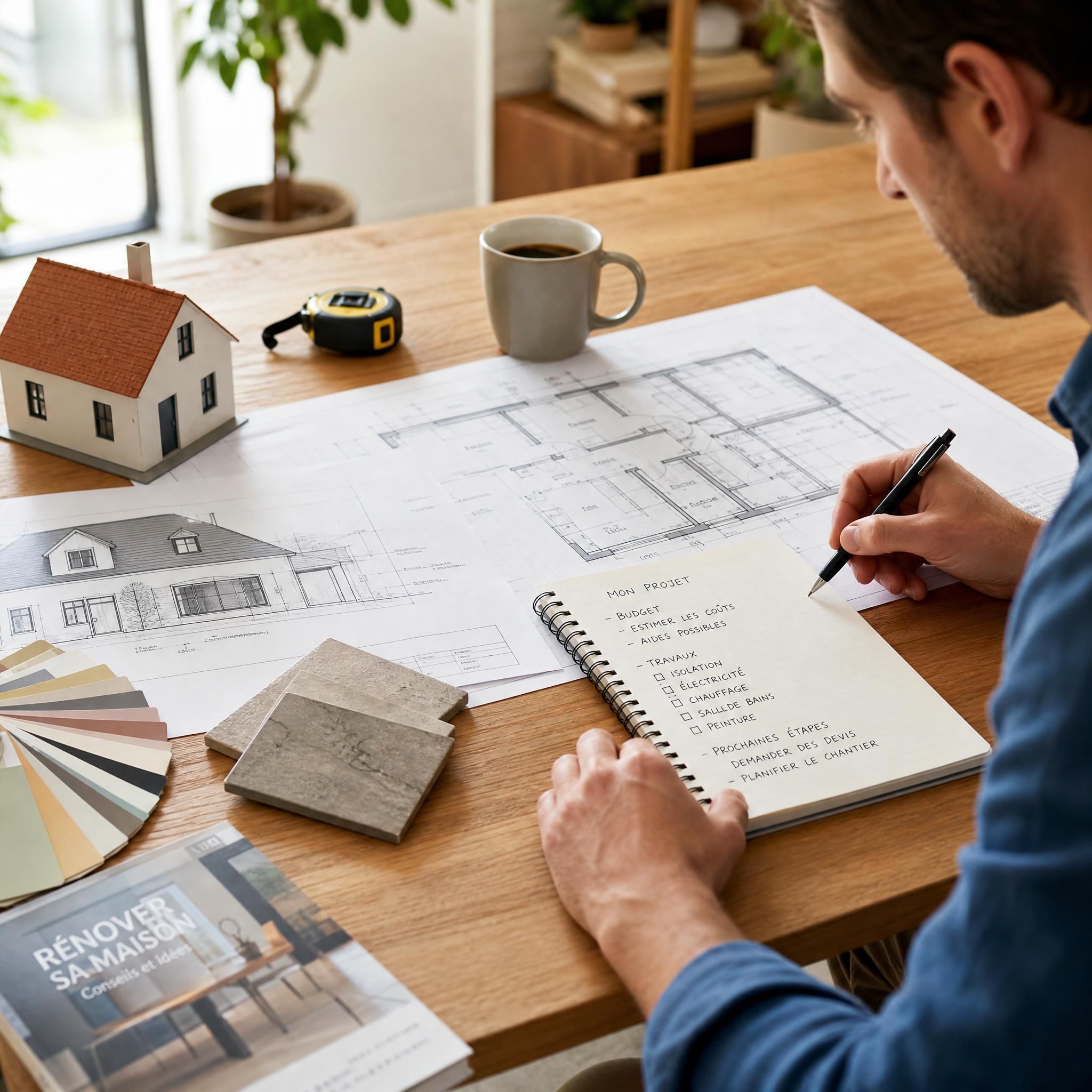 Particulier débutant qui planifie ses travaux de rénovation maison avec des plans et un carnet de notes sur une table en bois