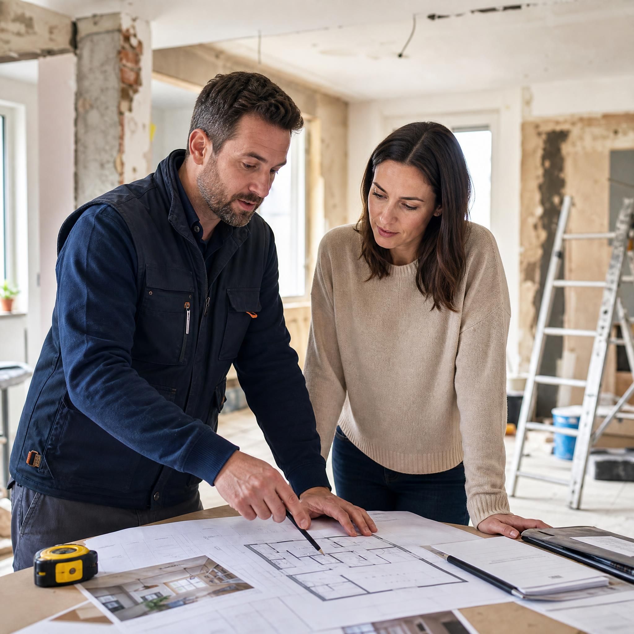 Expert en rénovation maison analysant des plans de travaux avec un particulier propriétaire, vue intérieure d'un logement en cours de rénovation