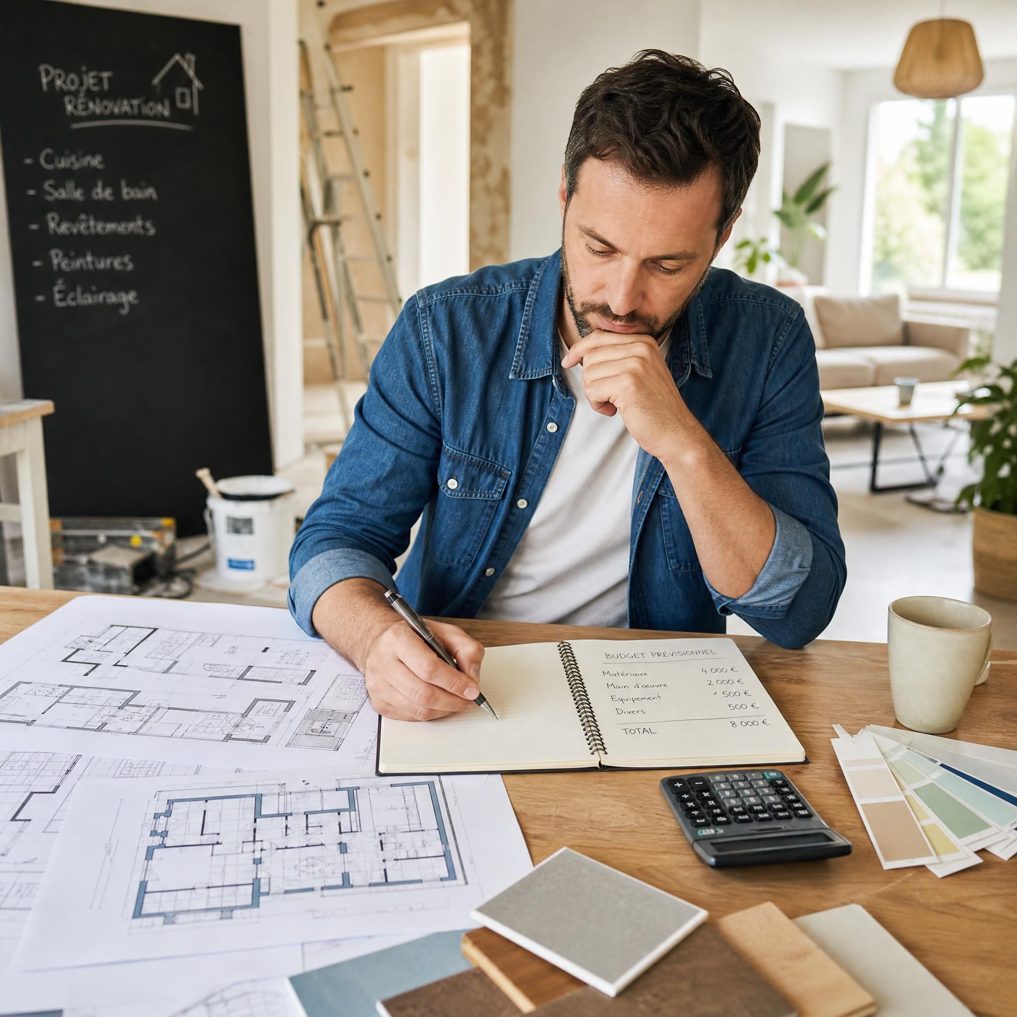 Particulier planifiant ses travaux de rénovation intérieure maison avec des plans et un budget sur une table