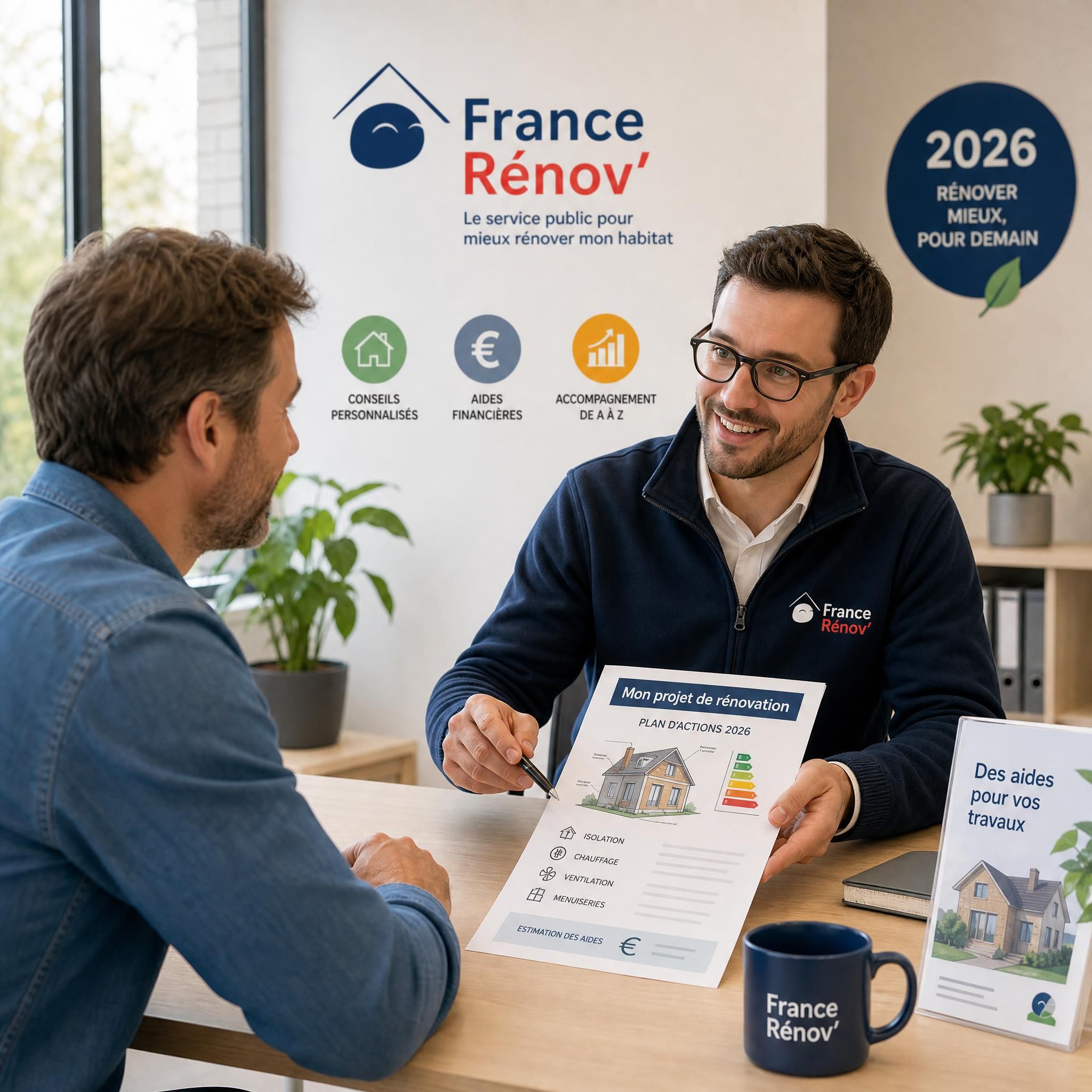 Propriétaire consultant un conseiller France Rénov pour ses travaux de rénovation maison en 2026