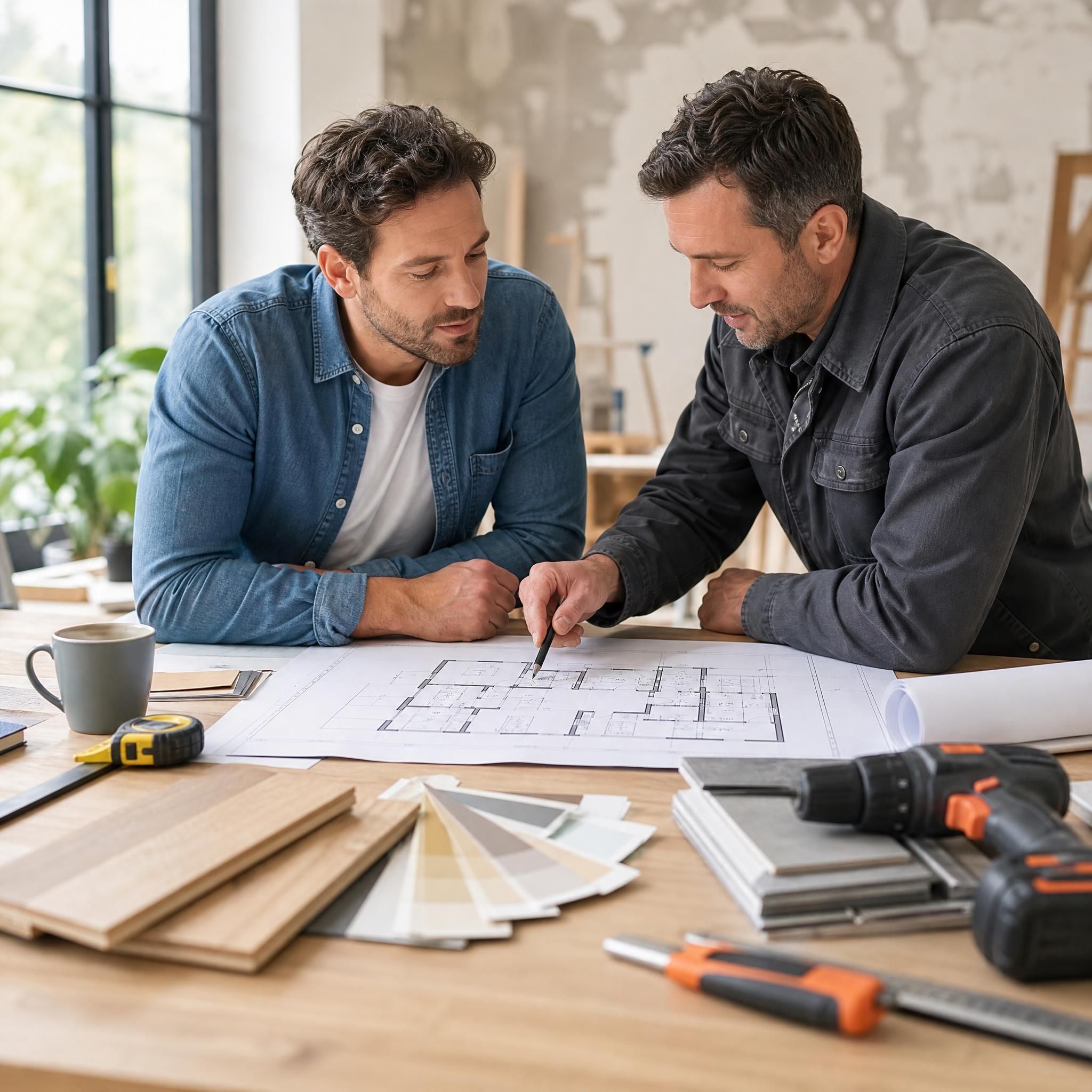 Particulier consultant des plans de rénovation maison avec artisan, outils et matériaux de qualité au premier plan