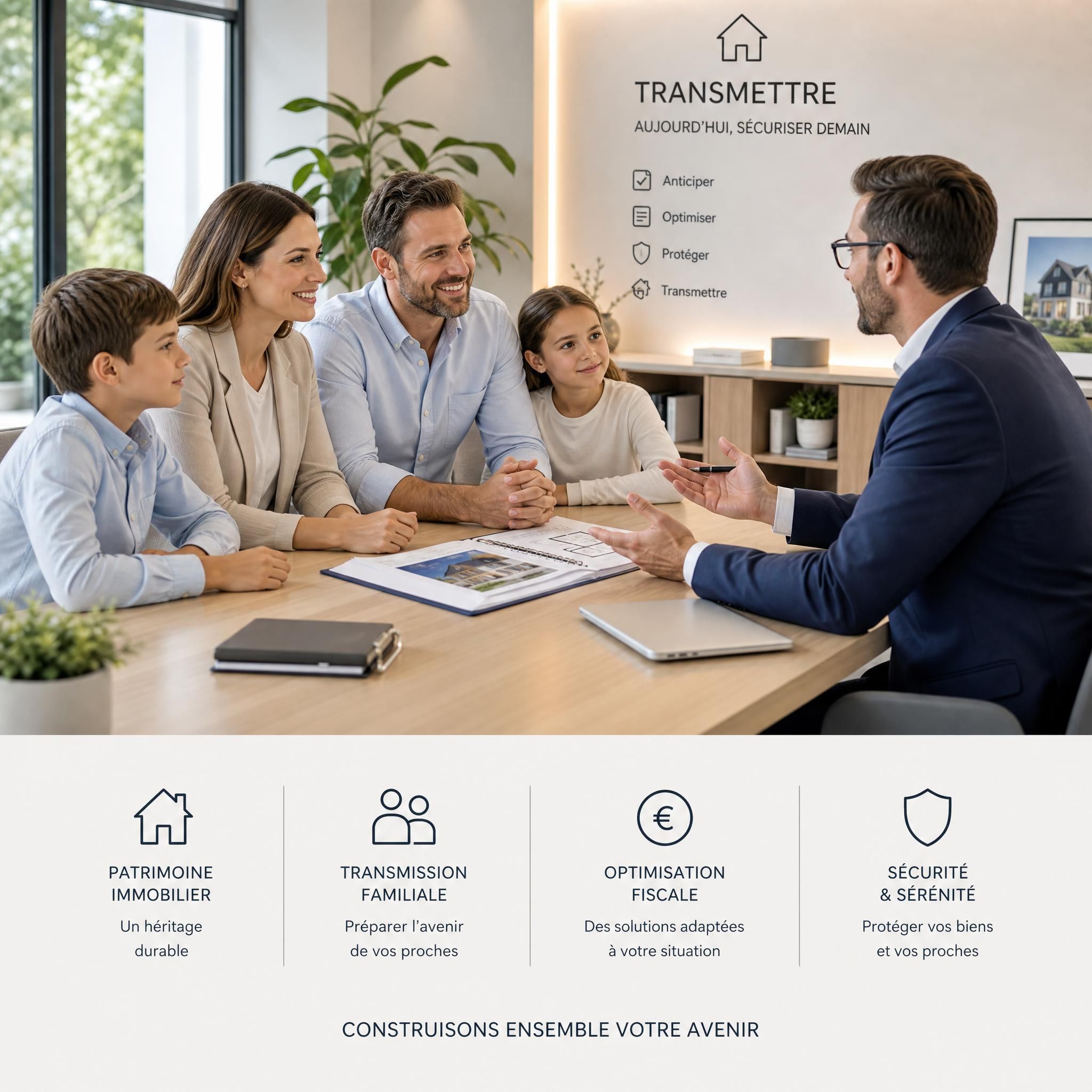 Illustration d'une famille discutant de transmission de patrimoine immobilier avec un conseiller financier, fond moderne et lumineux