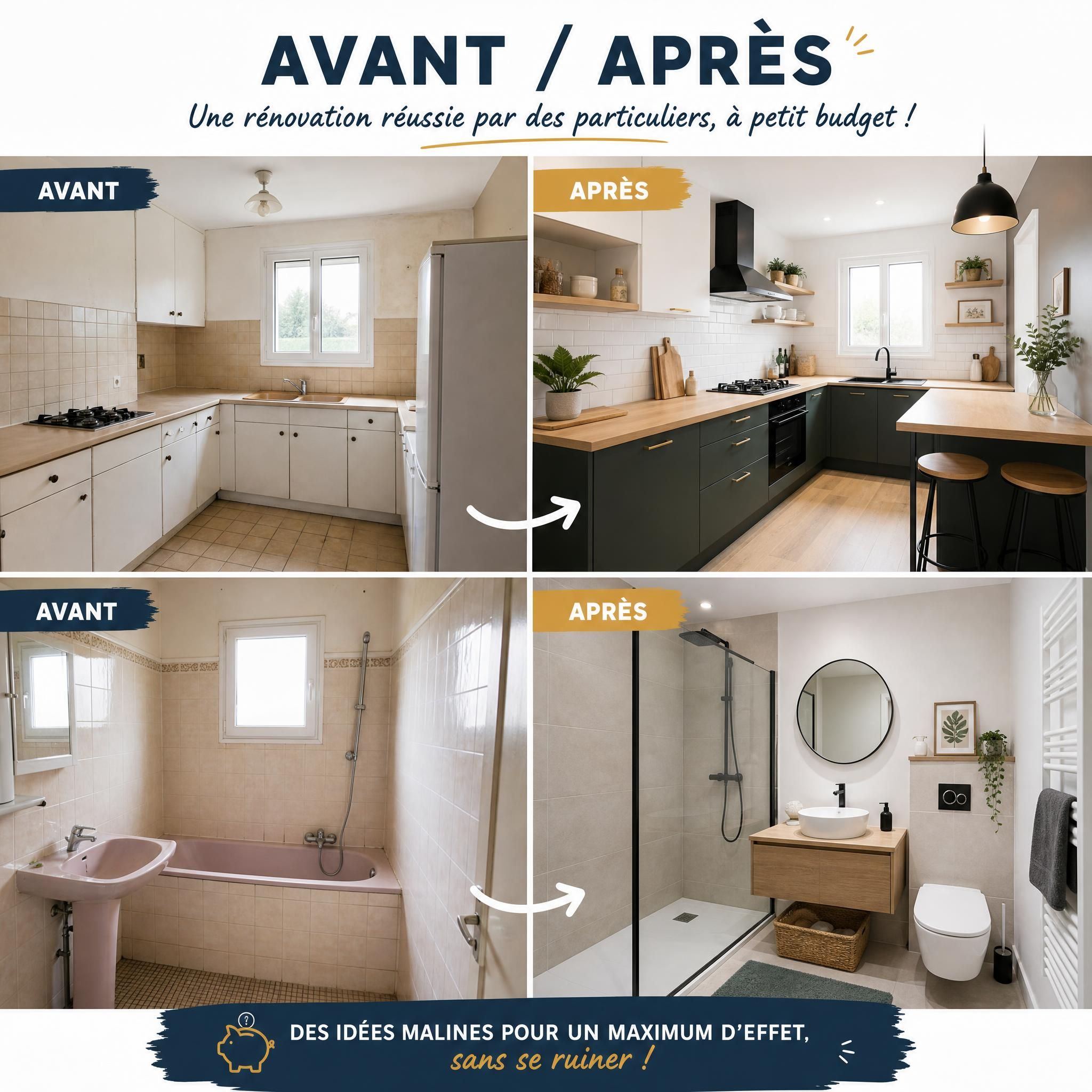 Transformation avant-après d'un intérieur rénové par des particuliers, cuisine et salle de bain modernisées à petit budget