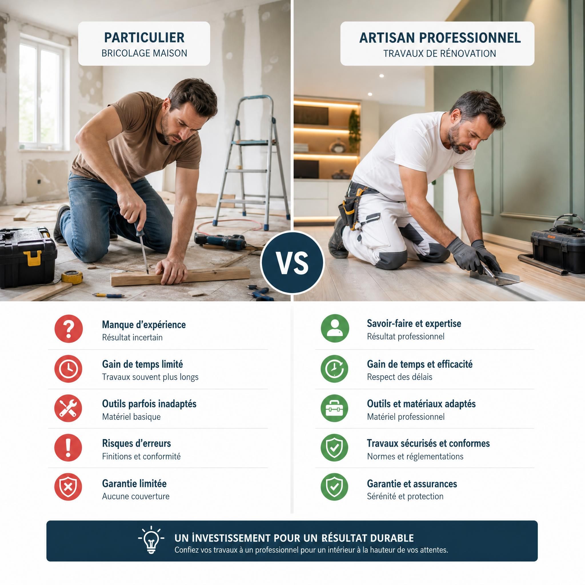 Comparaison entre un particulier bricolant dans sa maison et un artisan professionnel réalisant des travaux de rénovation intérieure