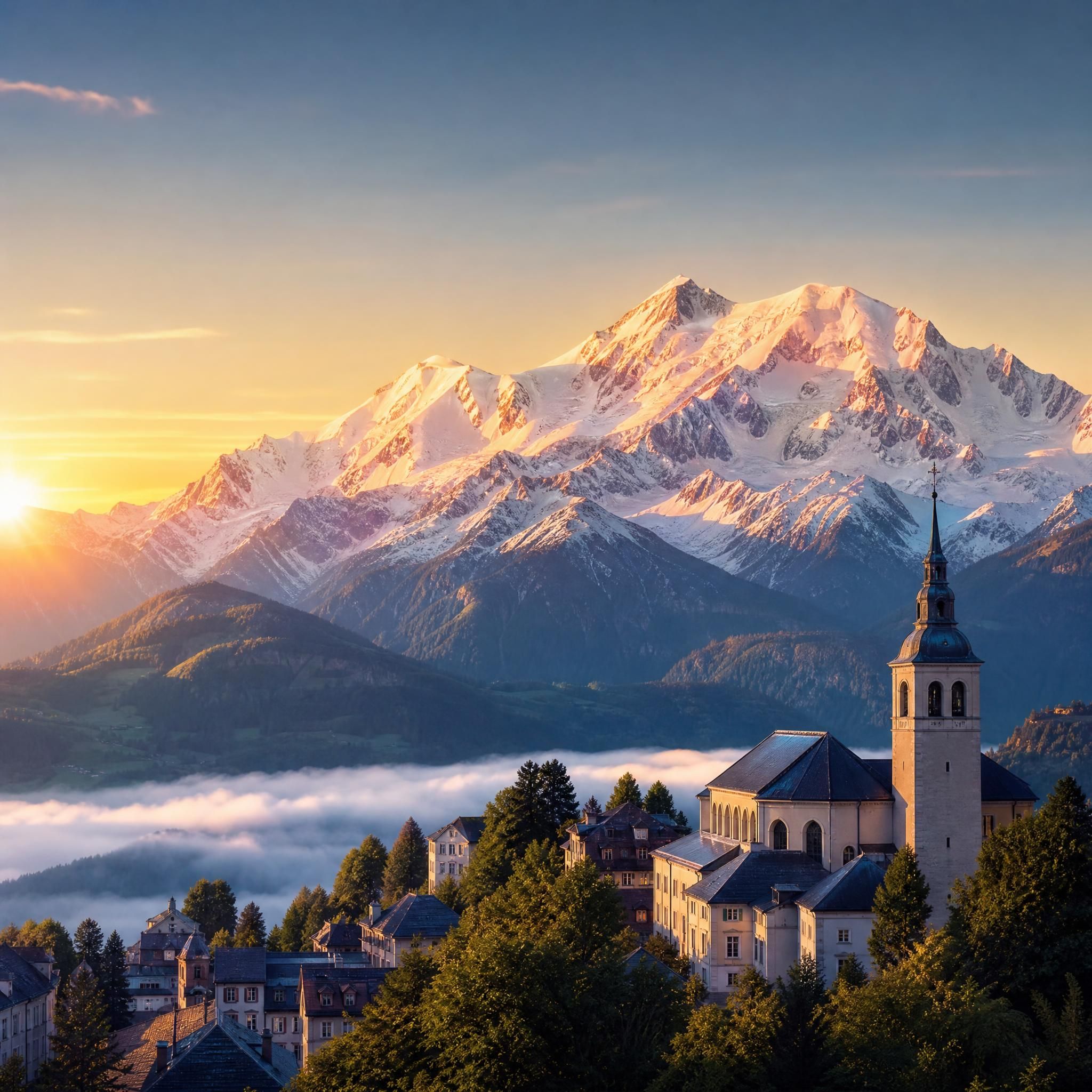 Panorama lever de soleil sur le Mont Blanc depuis Saint-Gervais-les-Bains, lumière dorée sur les sommets enneigés