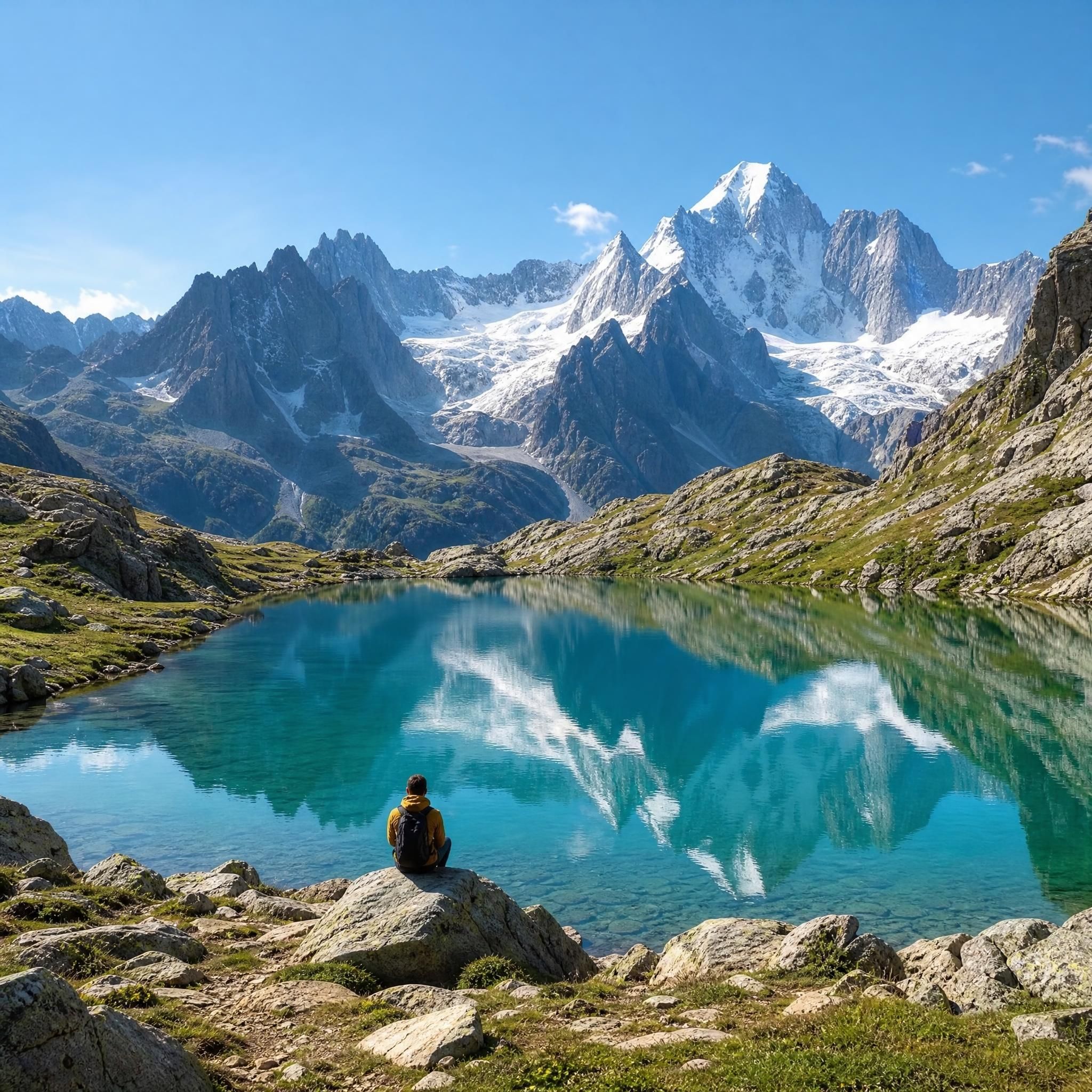 Lac d'altitude secret dans le massif du Mont Blanc, reflet des sommets sur l'eau turquoise, ambiance solitaire et préservée