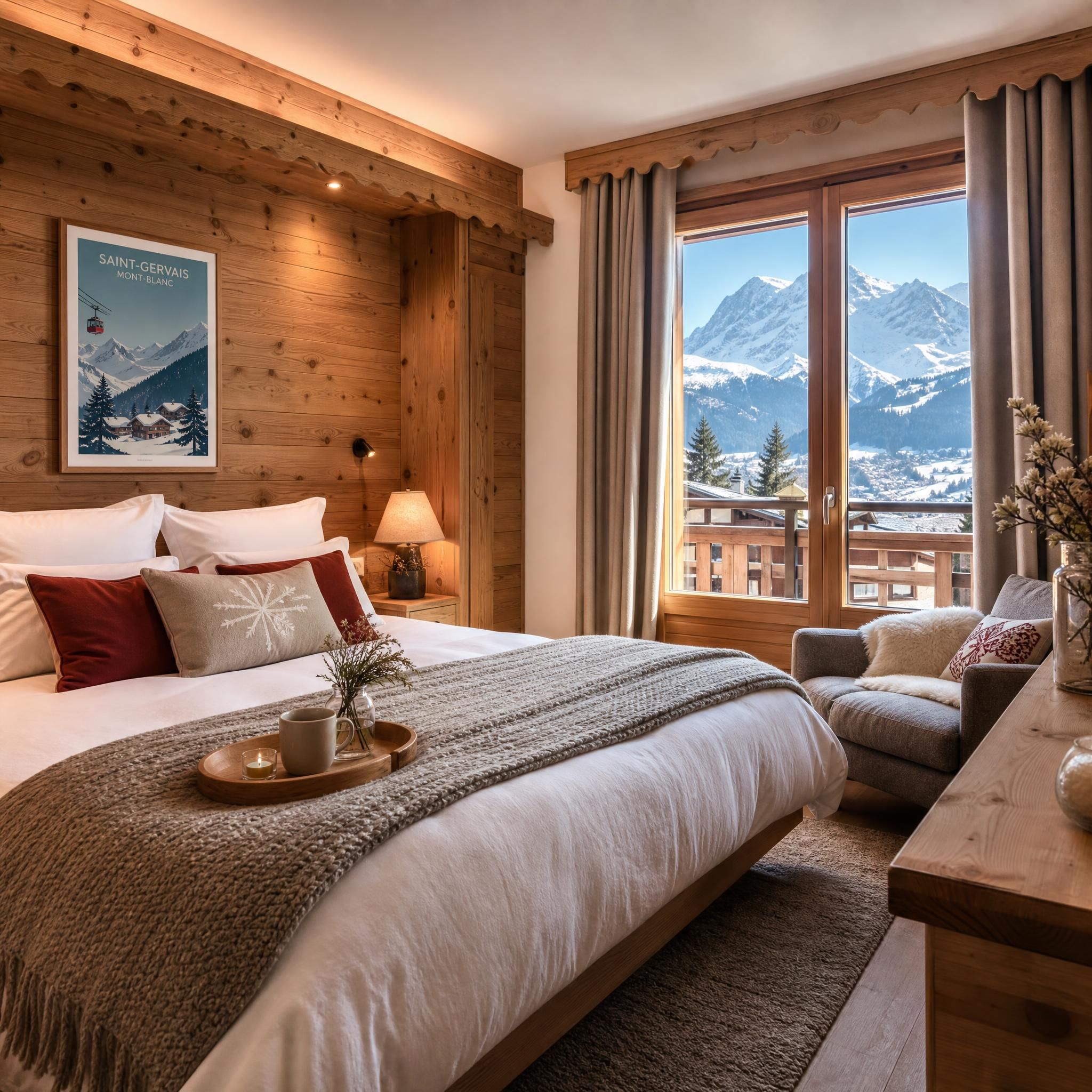 Intérieur cosy et chaleureux d'une chambre de charme à Saint-Gervais, décoration en bois savoyard, vue sur la montagne depuis la fenêtre