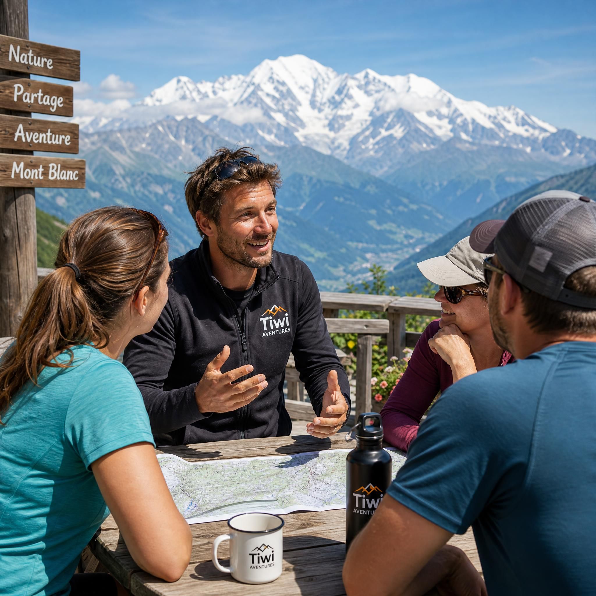 Guide Tiwi Aventures en discussion avec un groupe de randonneurs sur une terrasse avec vue panoramique sur le Mont Blanc, ambiance conviviale et authentique