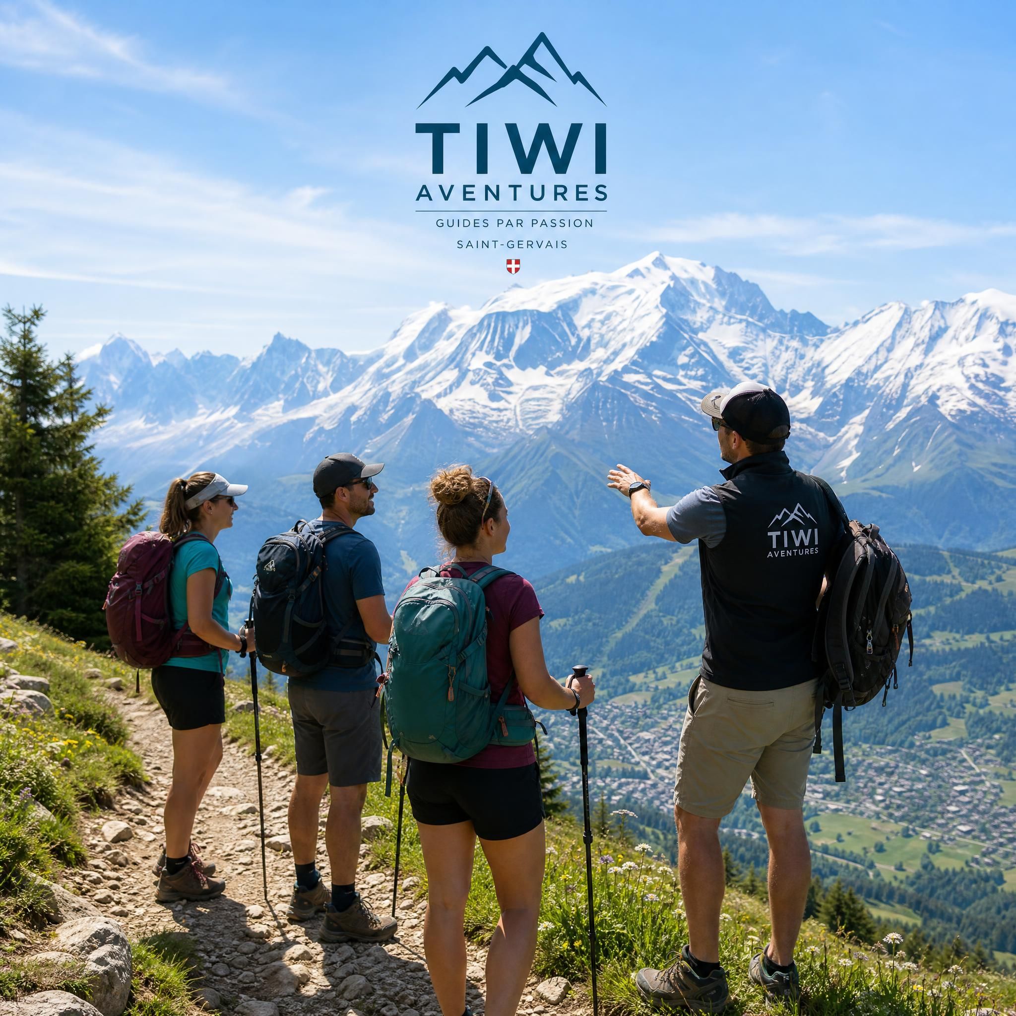 Petit groupe de randonneurs avec guide Tiwi Aventures sur un sentier alpin au-dessus de Saint-Gervais, vue sur le massif du Mont Blanc