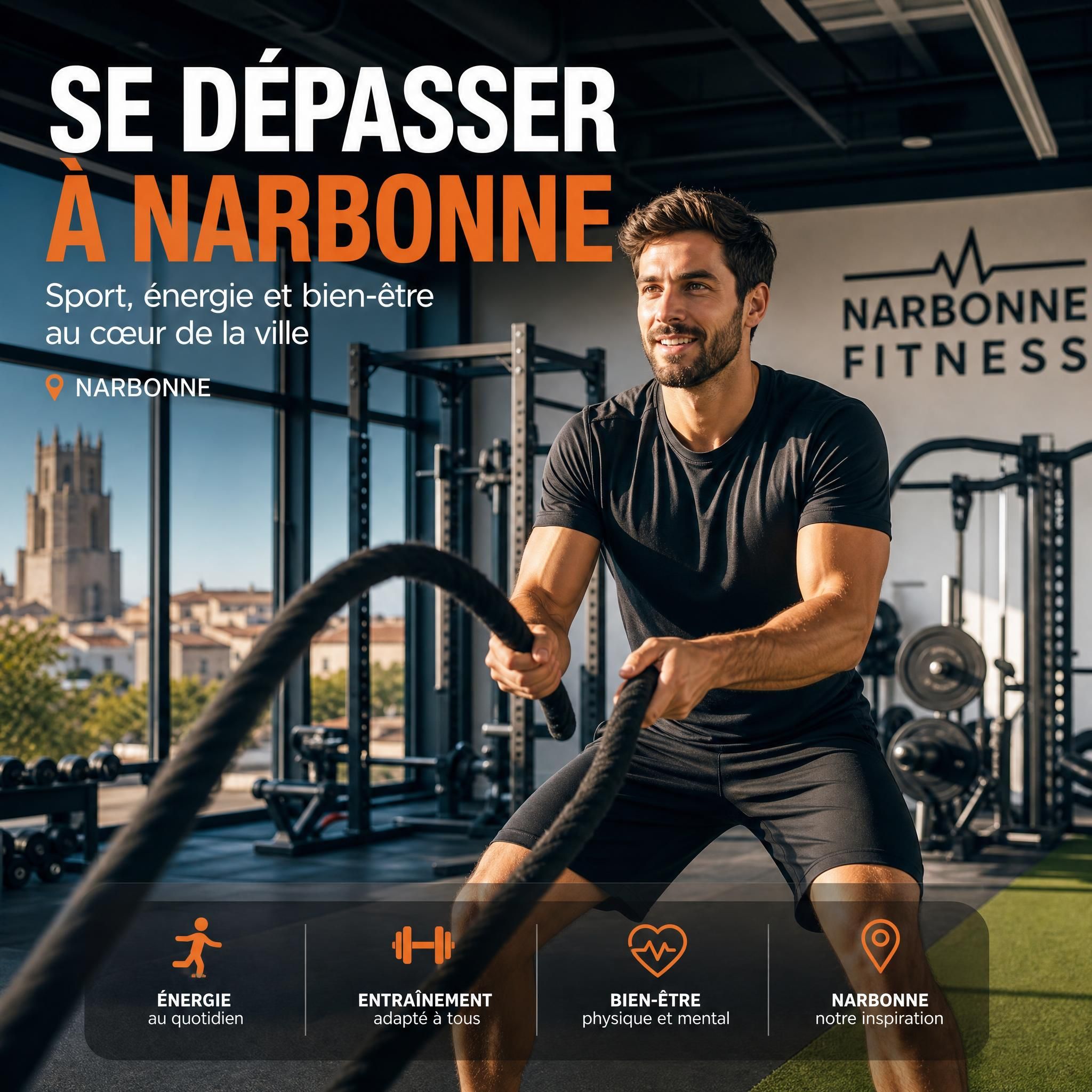 Personne motivée s'entraînant dans une salle de sport moderne à Narbonne, équipements fitness en arrière-plan, atmosphère dynamique et inspirante