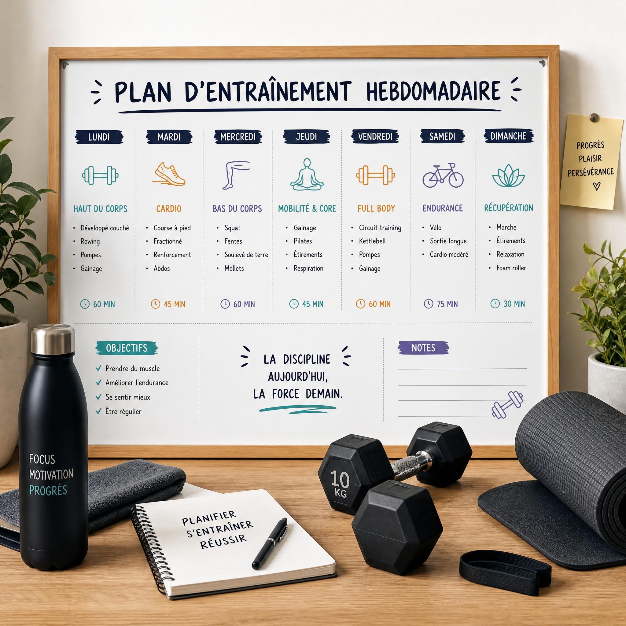 Planning hebdomadaire d'entraînement affiché sur un tableau, avec équipements sportifs (haltères, bouteille d'eau, tapis) posés sur une table, ambiance organisée et motivante