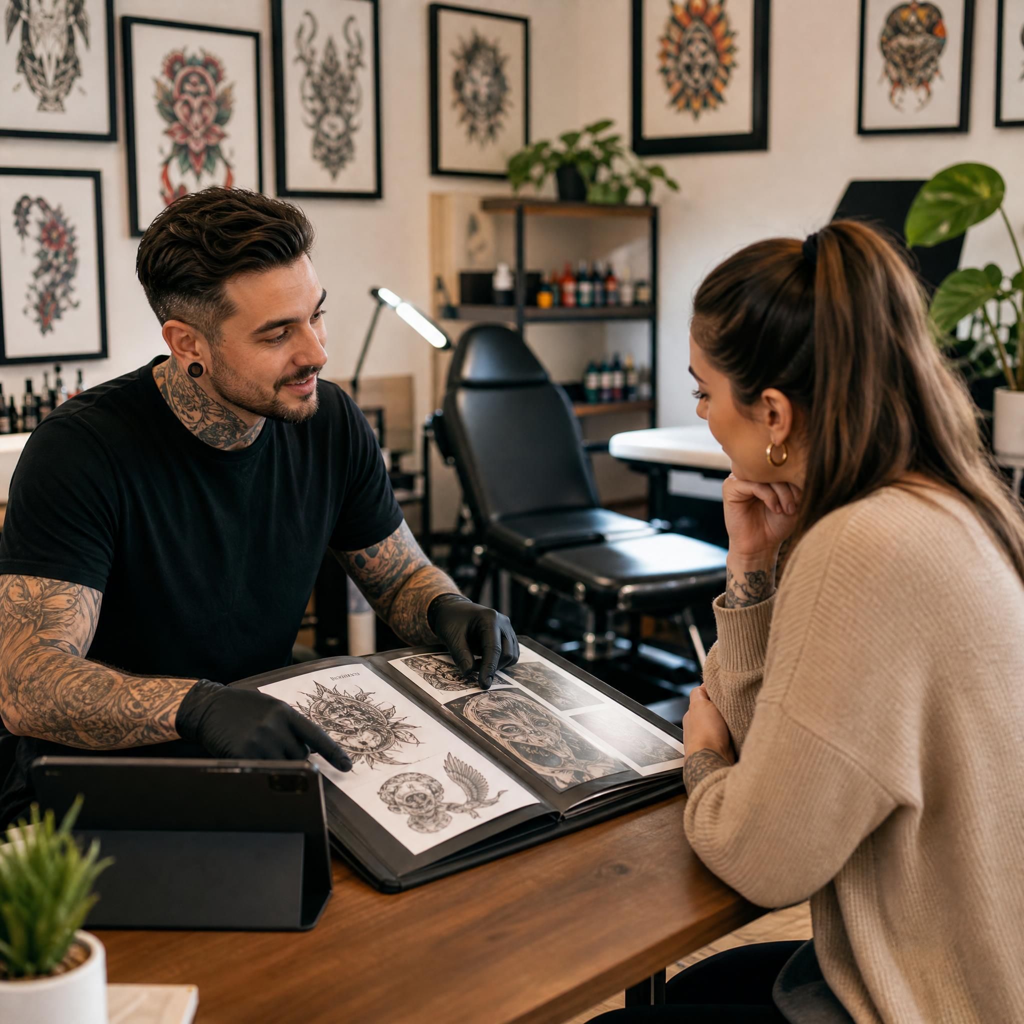 Illustration illustrative d'un tatoueur professionnel dans son studio, montrant son portfolio à un client, ambiance propre et accueillante, sans texte