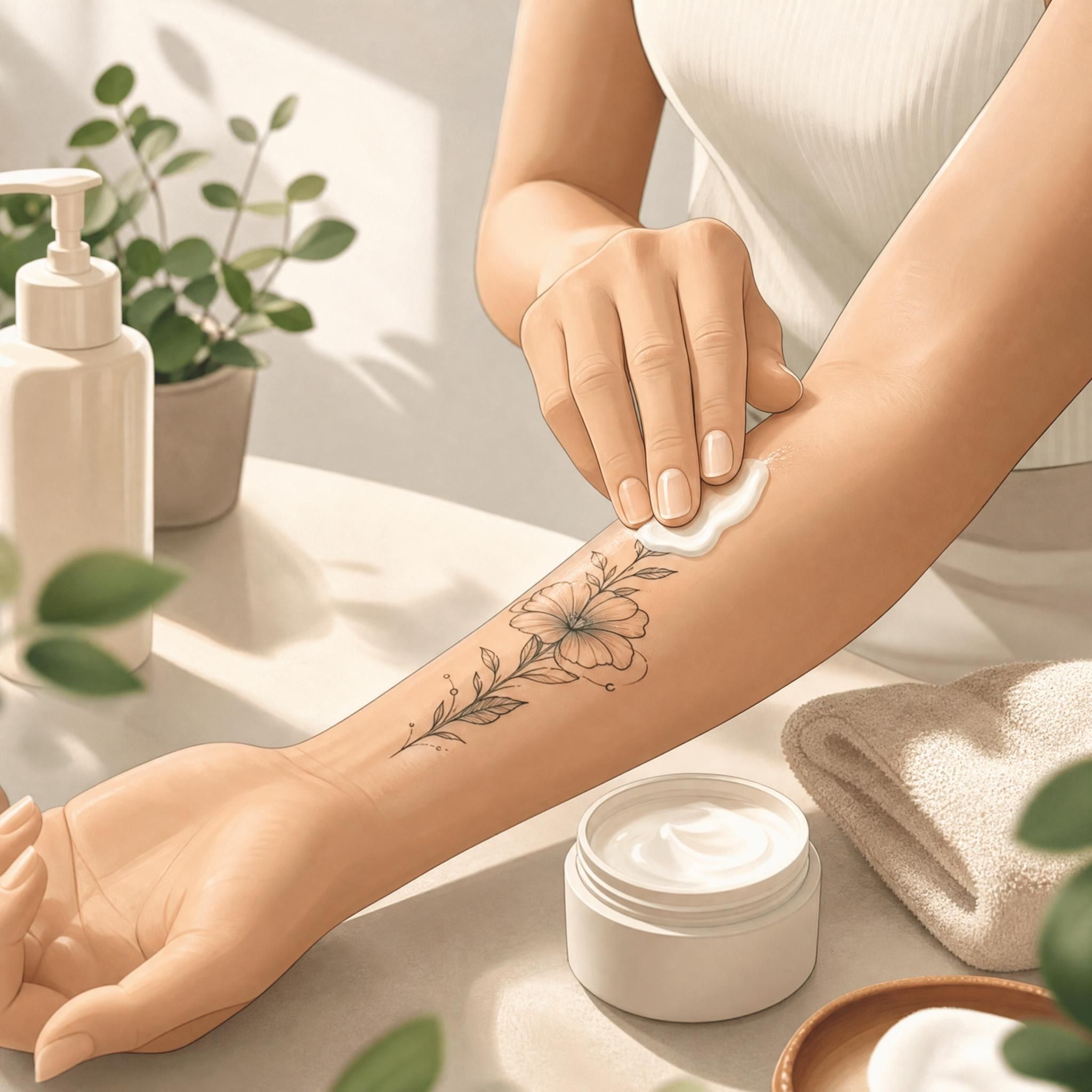 Illustration illustrative et apaisante montrant les soins d'un tatouage frais, crème hydratante, peau saine, ambiance propre et bienveillante, sans texte