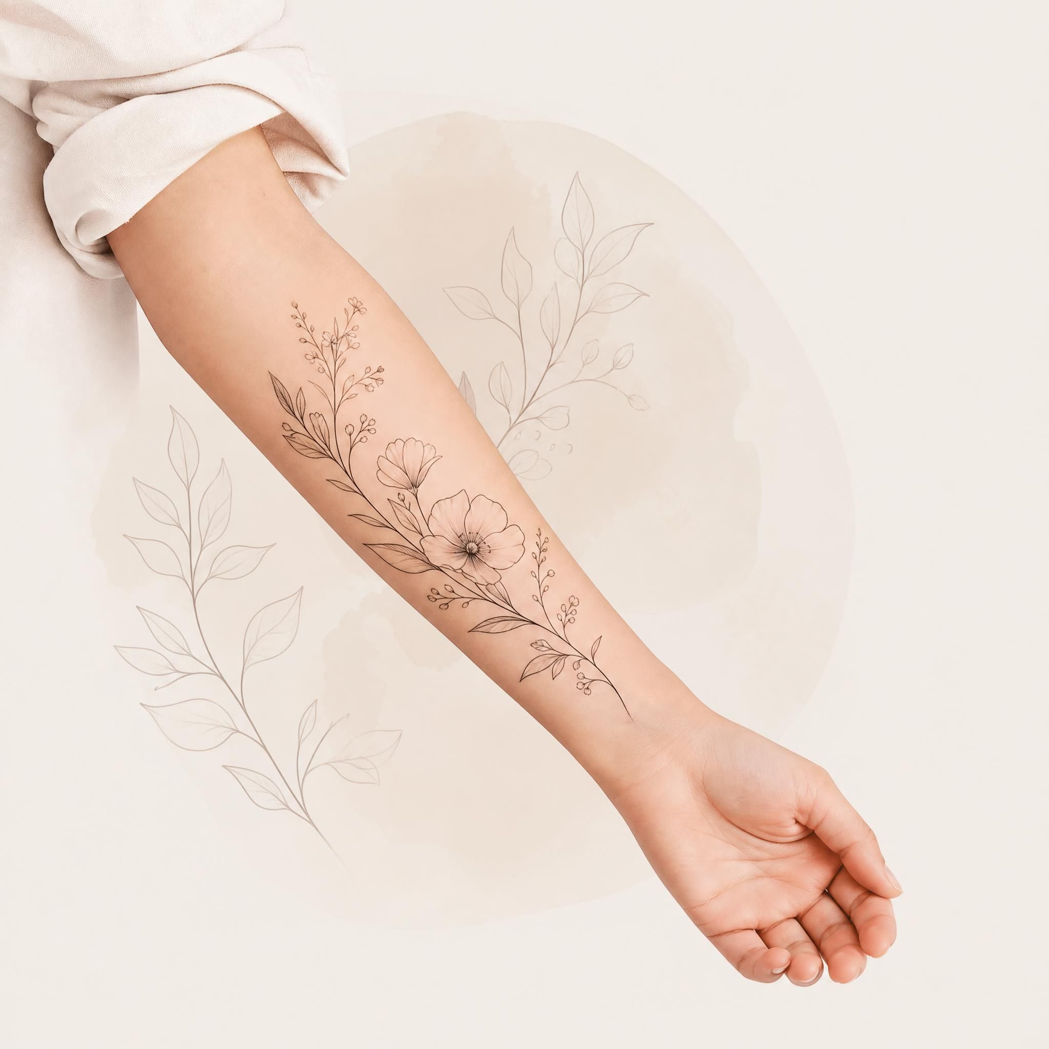 Illustration douce d'un bras avec un tatouage floral délicat en fine line, style illustration botanique sans texte, fond neutre clair