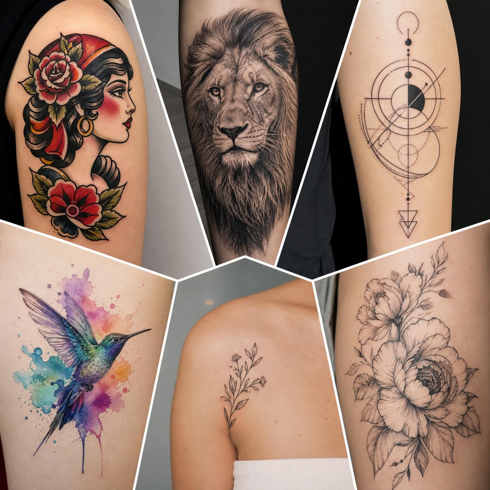 Illustration illustrative montrant une mosaïque de différents styles de tatouage - traditionnel, réaliste, géométrique, aquarelle, fine line, sans texte