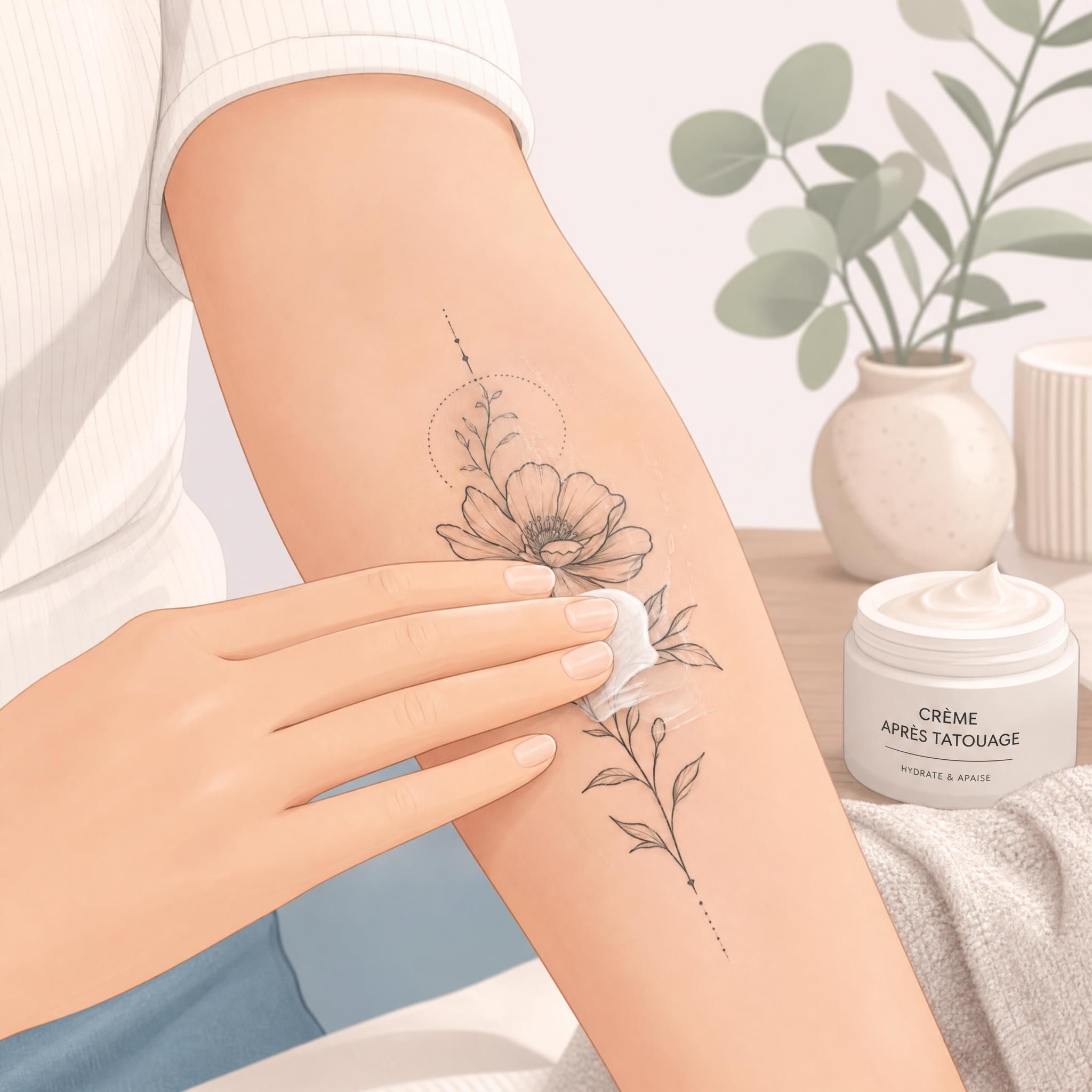 Illustration douce d'une main appliquant de la crème sur un tatouage fraîchement réalisé, style illustratif pastel