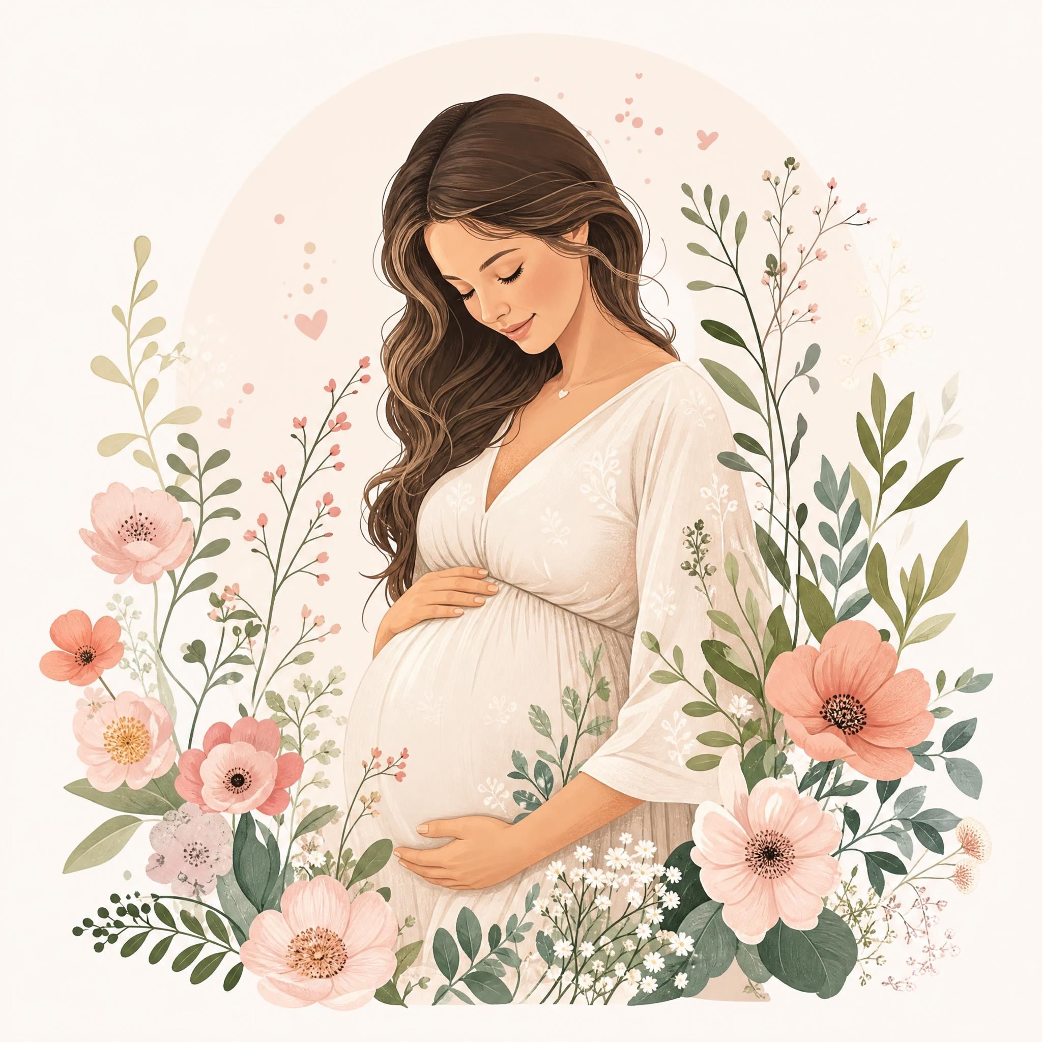 Illustration apaisante d'une femme enceinte entourée de motifs floraux délicats, style illustratif doux et bienveillant
