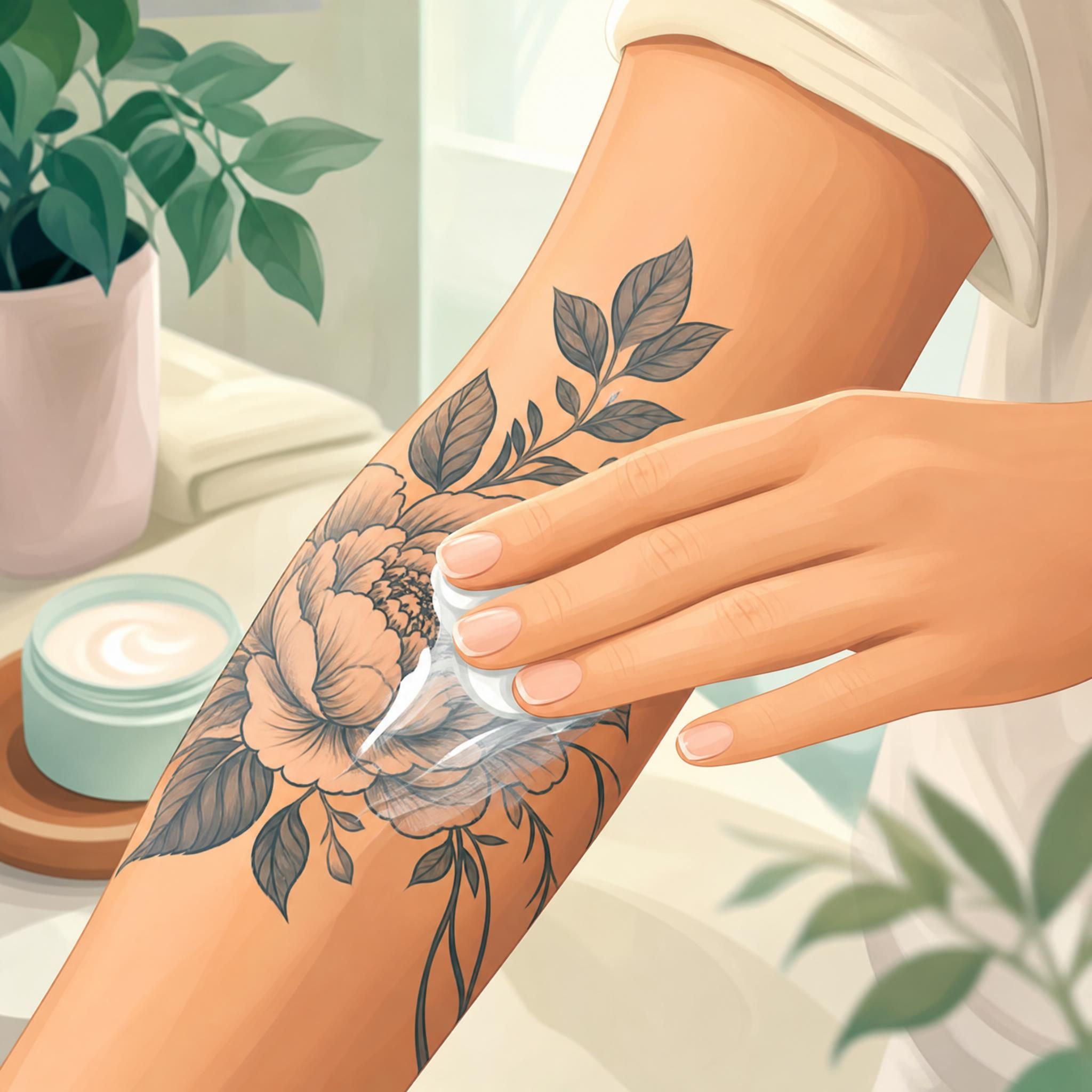 Illustration illustrative d'une main appliquant de la crème hydratante sur un tatouage sur l'avant-bras, style doux et coloré sans texte