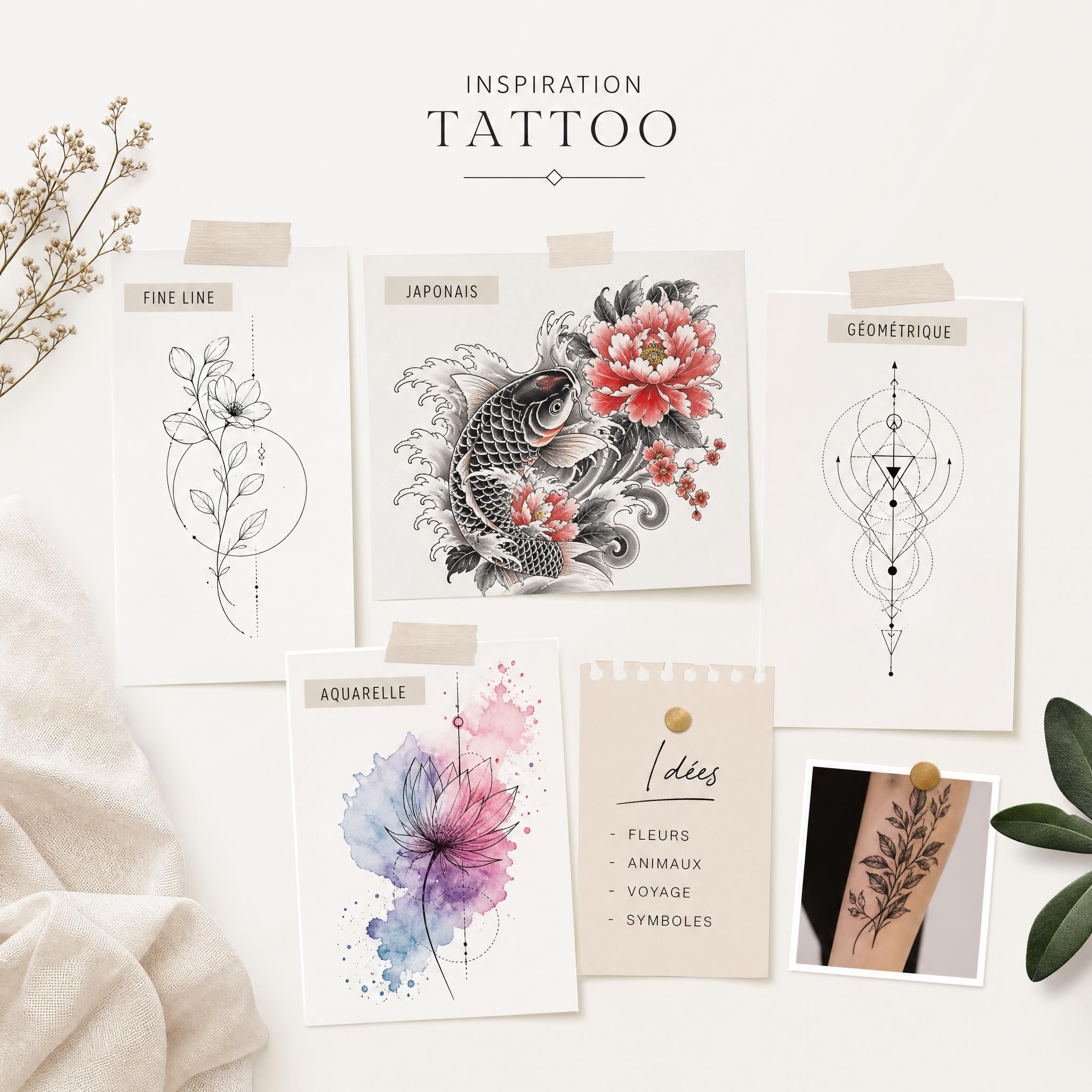 Illustration d'un board d'inspiration tatouage avec différents styles représentés, fine line, japonais, géométrique, aquarelle, sur fond clair et épuré