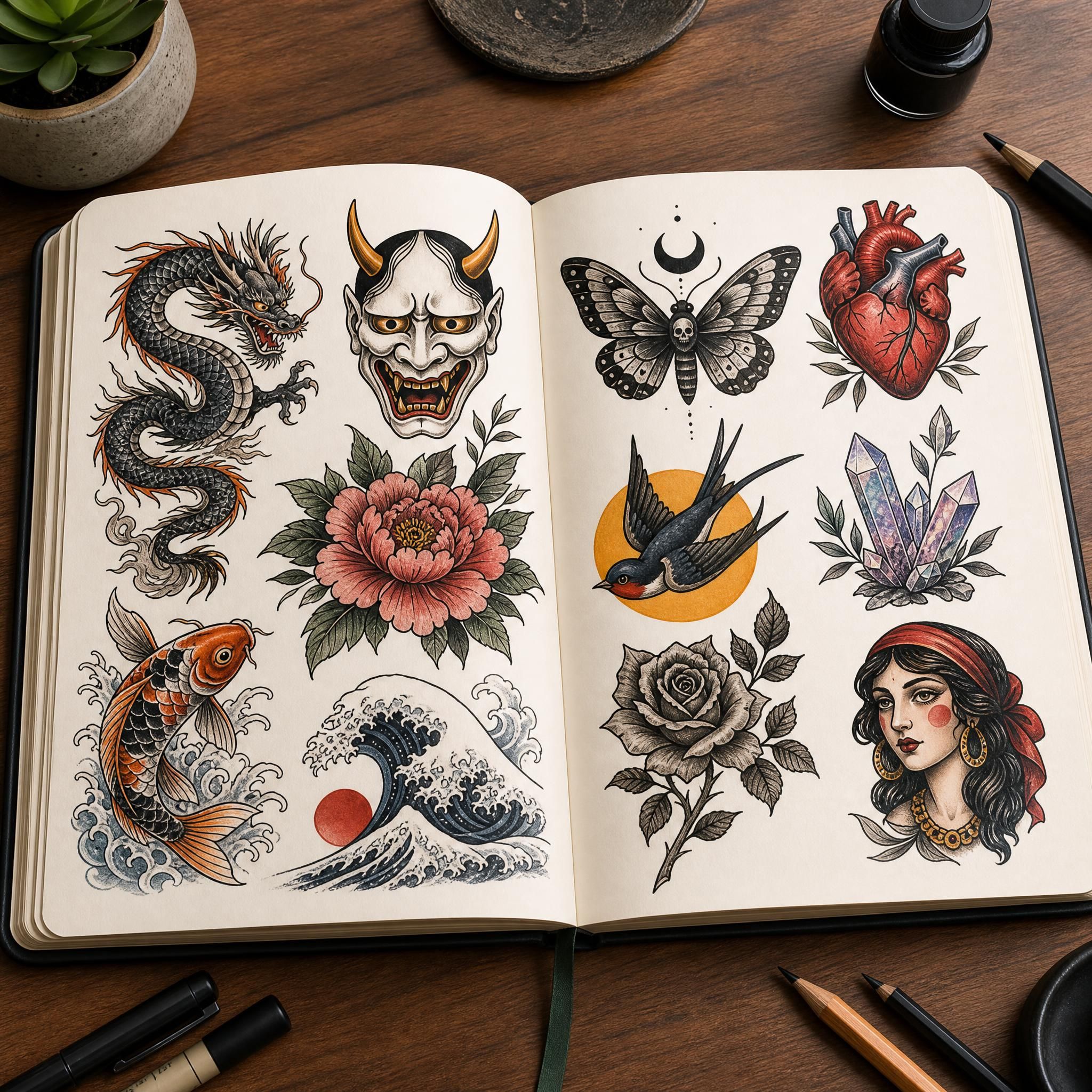 Illustration illustrative d'un carnet de croquis ouvert avec des références visuelles de tatouages variés, style graphique coloré sans texte