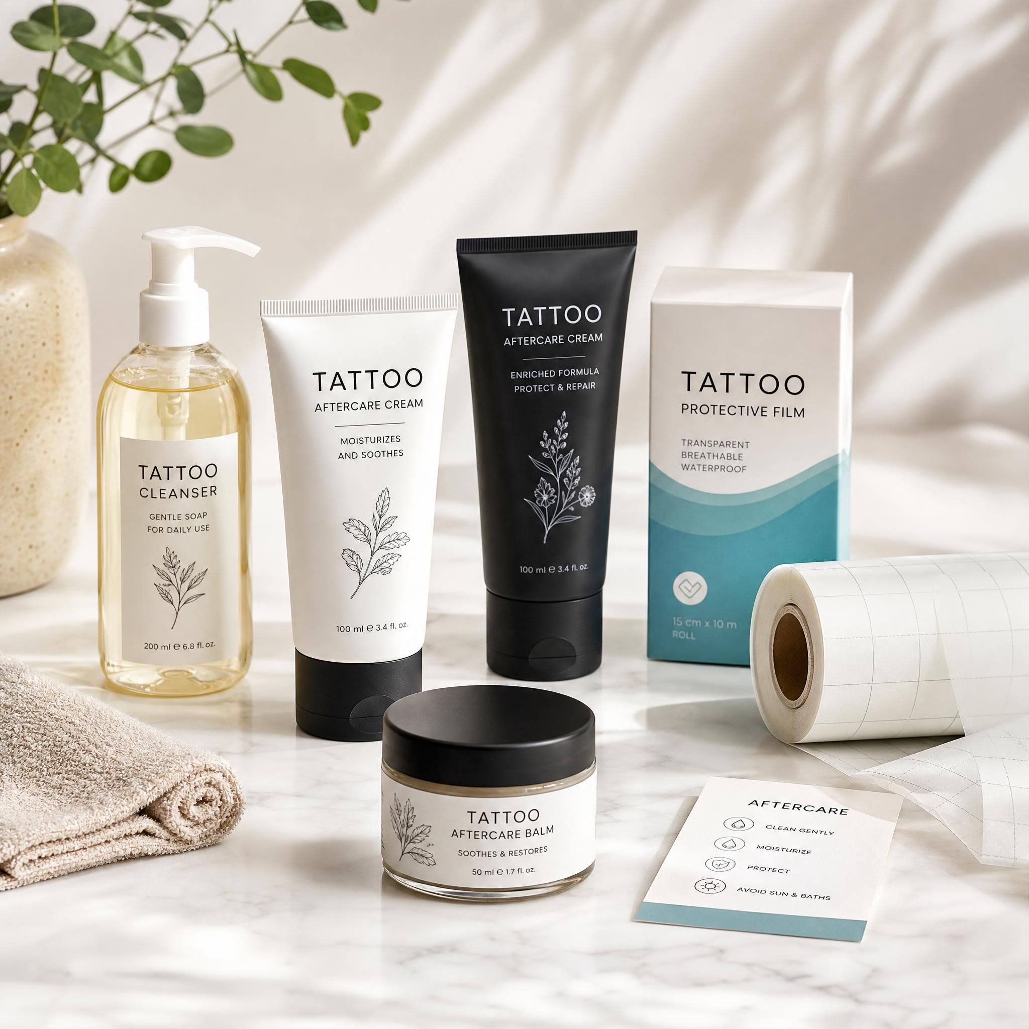 Illustration de produits de soin après tatouage, crèmes, films de protection, savon doux, disposés sur une surface propre et lumineuse