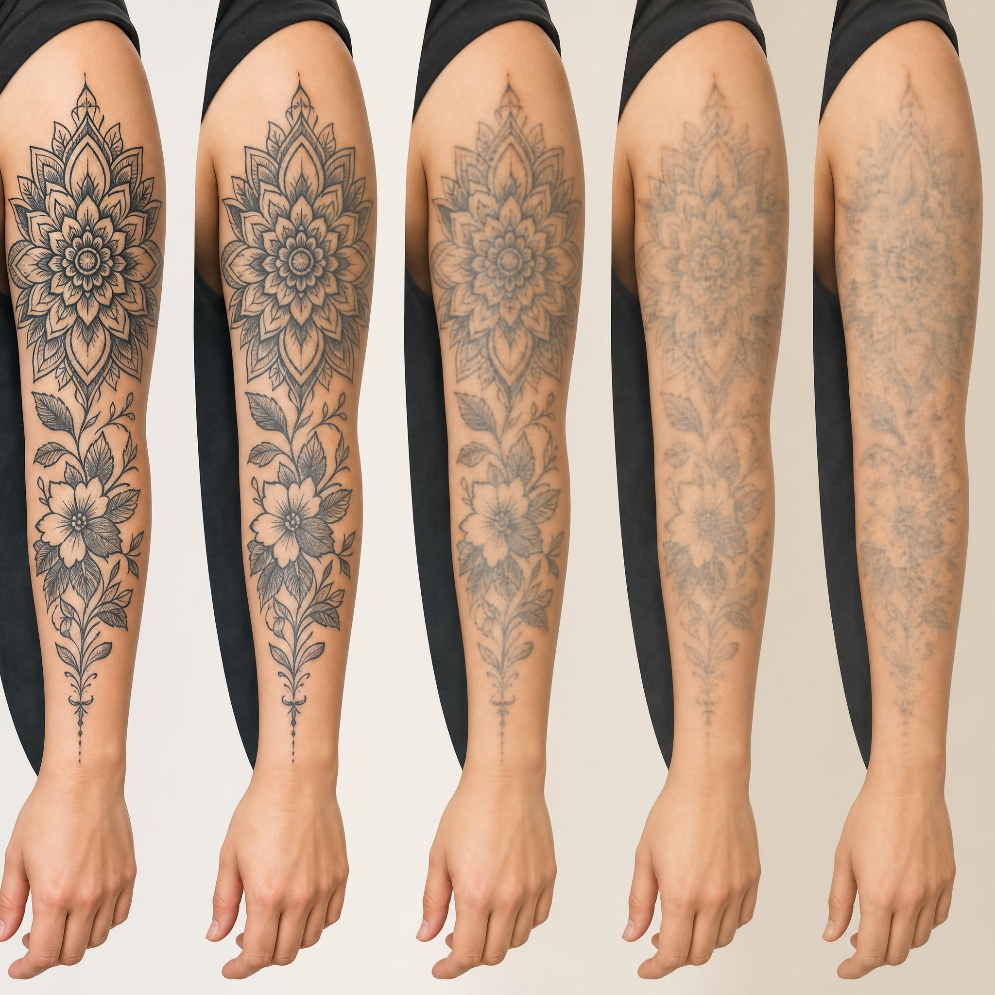 Illustration illustrative montrant un bras avec différents styles de tatouage, représentant le vieillissement de l'encre sur la peau, sans texte
